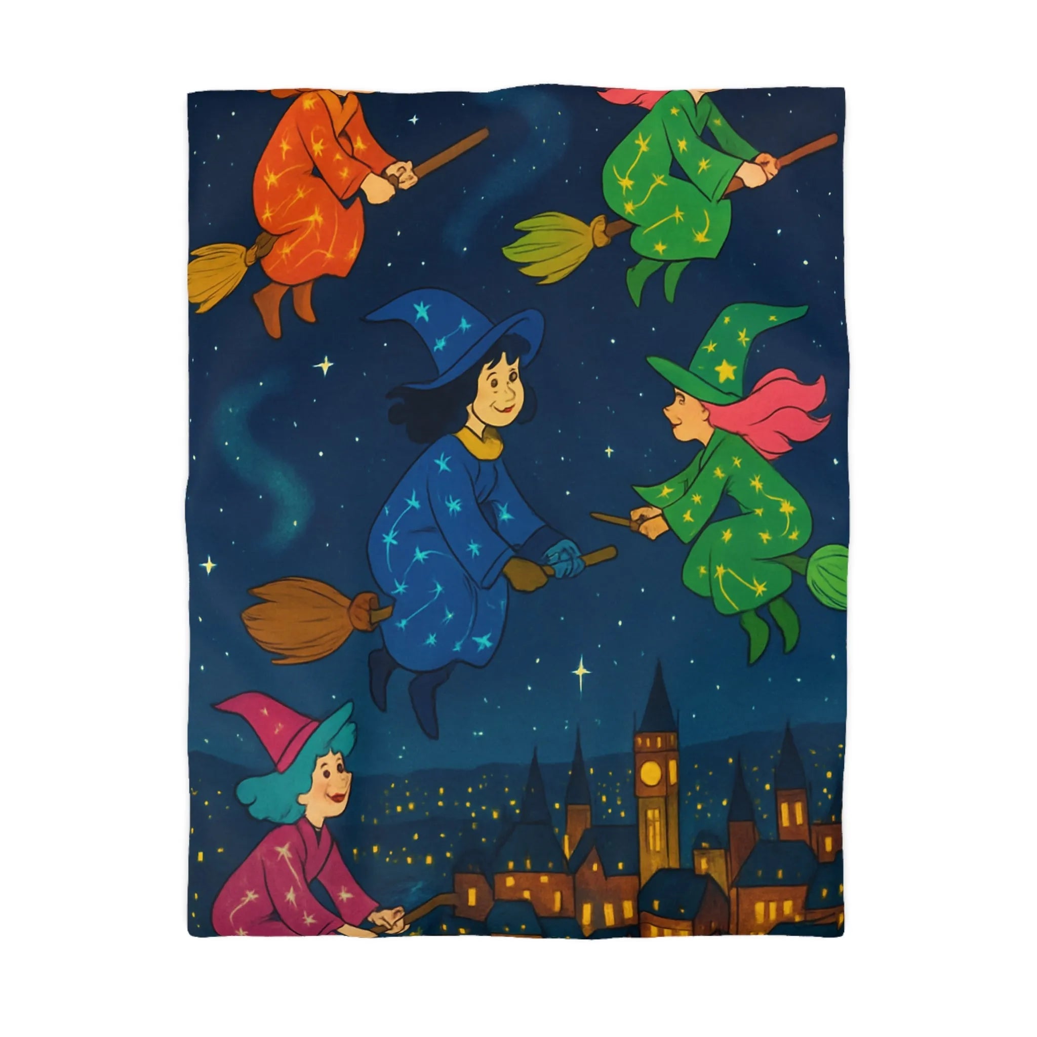 "Housse de Couette Féérique avec Sorcières Volant dans le Ciel Étoilé au-dessus de la Ville"