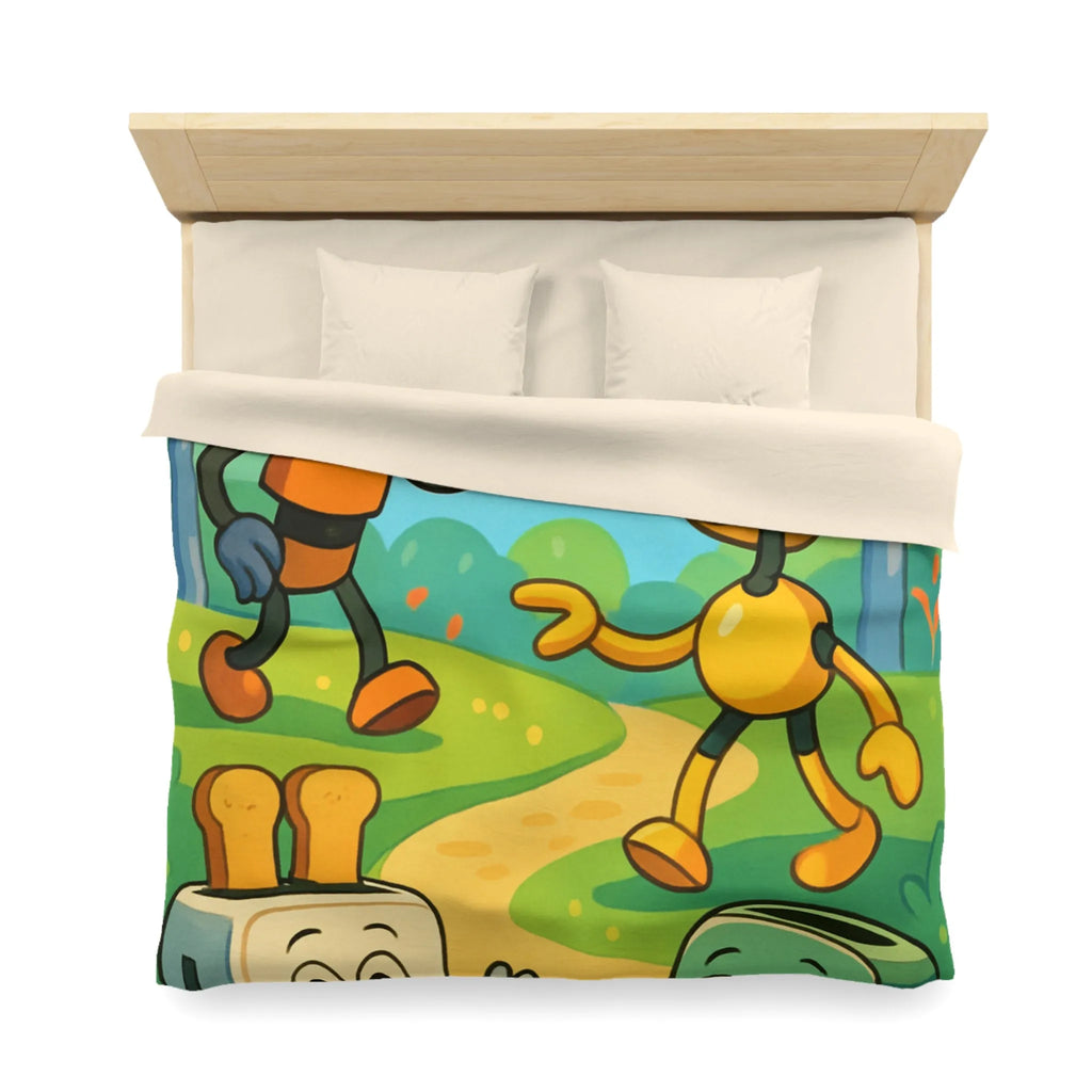 Housse de couette colorée avec robots joyeux et paysage forestier graphique