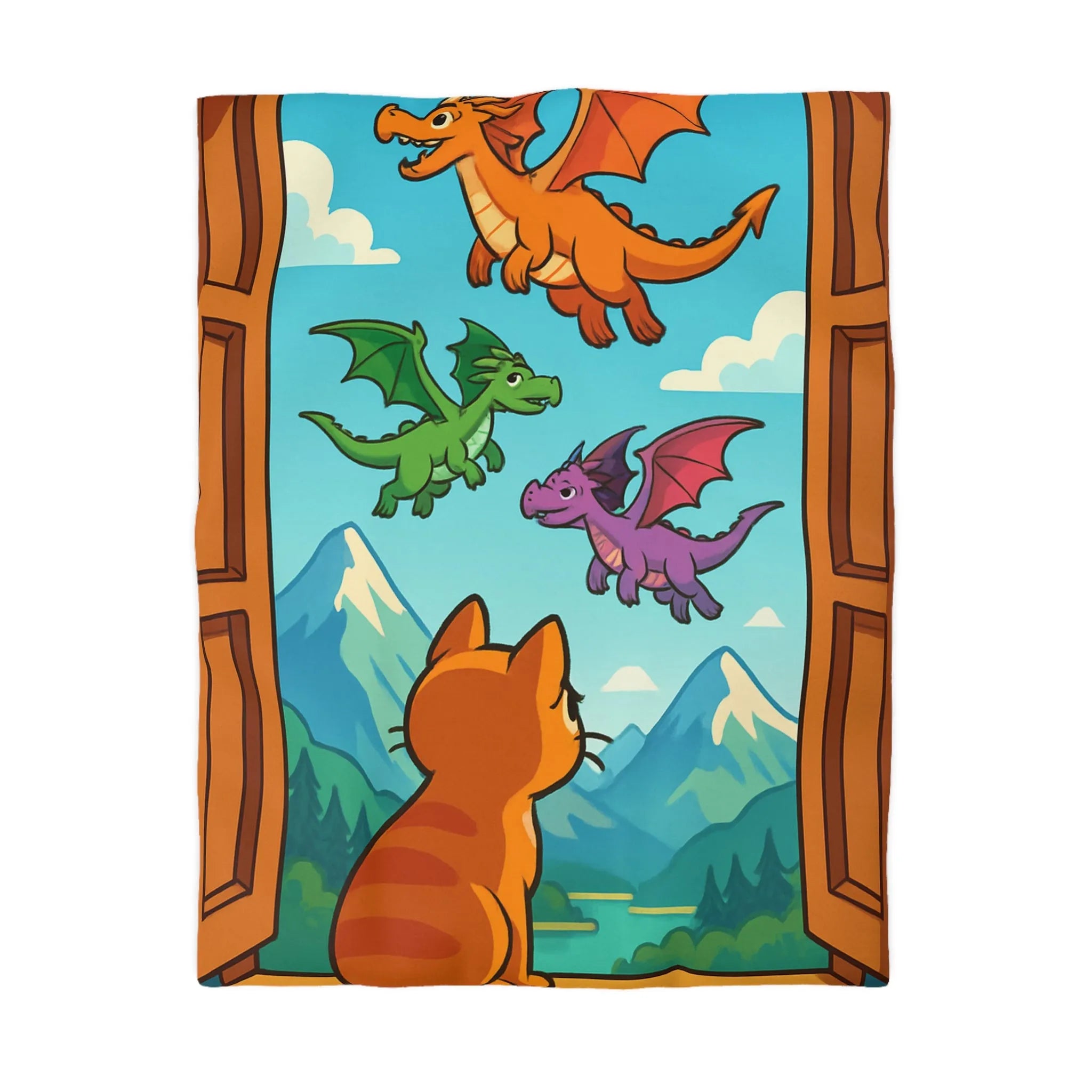 Housse de couette fantaisie avec chat orange et dragons colorés sur fond montagneux