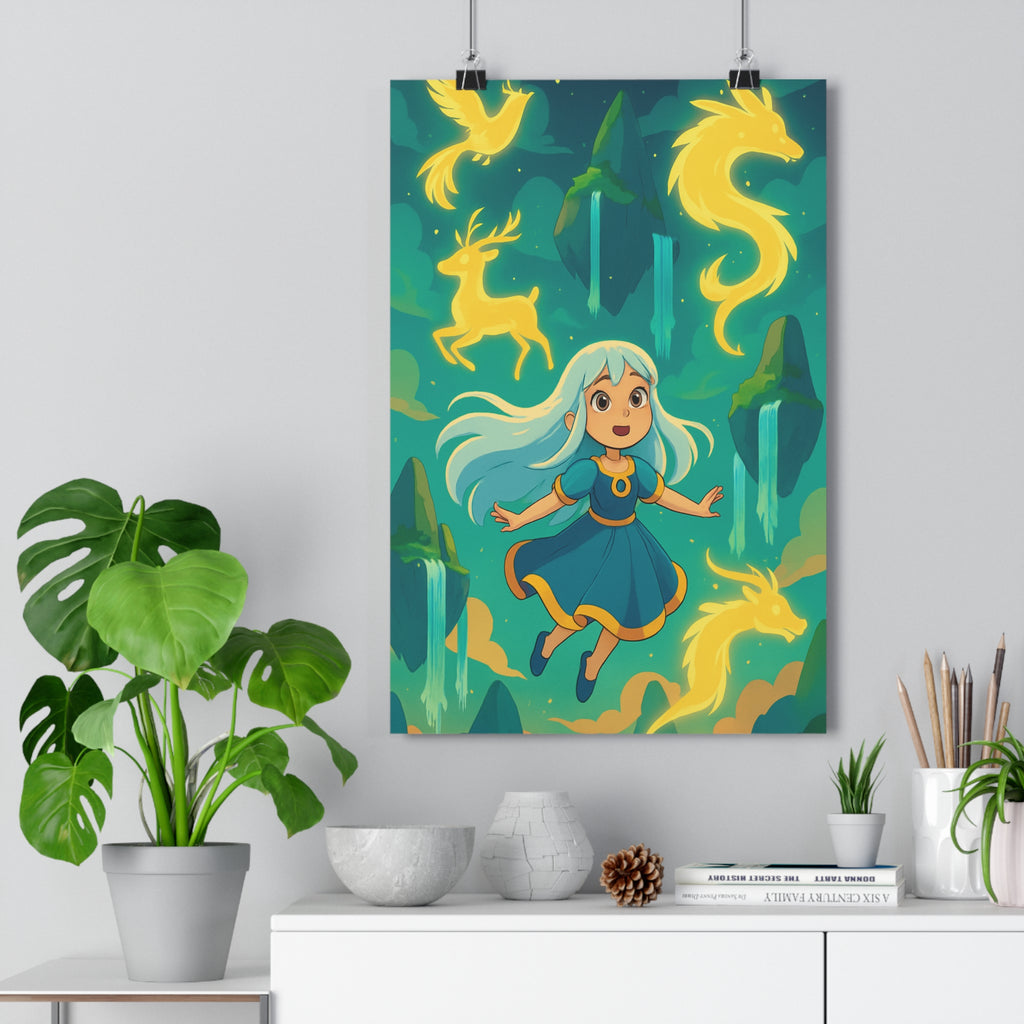 Poster décoratif fantastique bleu jaune cartoon magique chambre enfant créatif mural ambiance éthérée 30x46