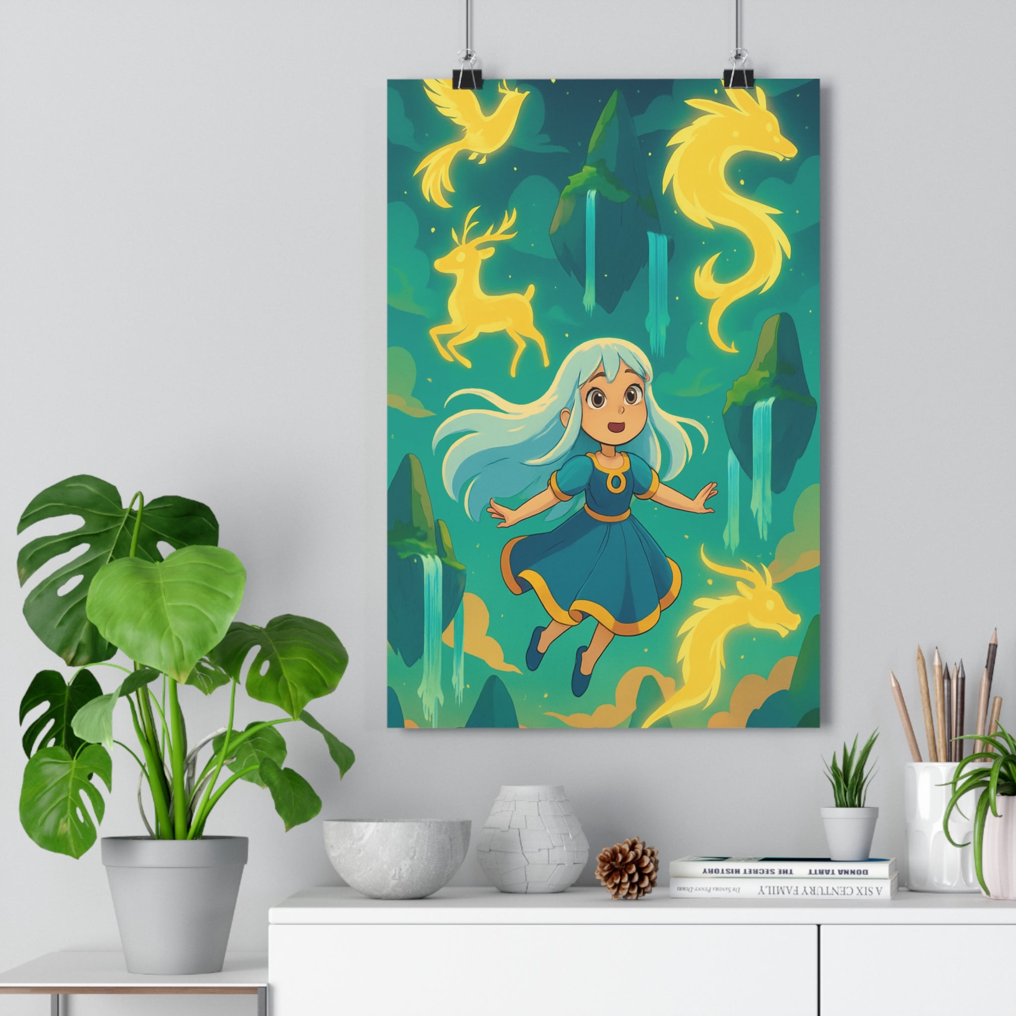 Poster décoratif fantastique bleu jaune cartoon magique chambre enfant créatif mural ambiance éthérée 30x46