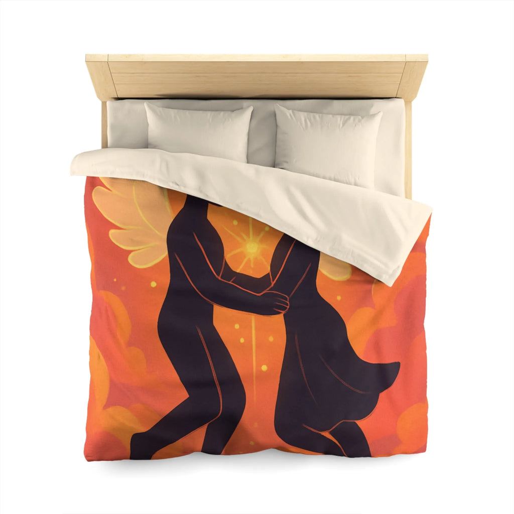 Housse de couette avec anges amoureux flottant dans nuages orangés dorés au crépuscule