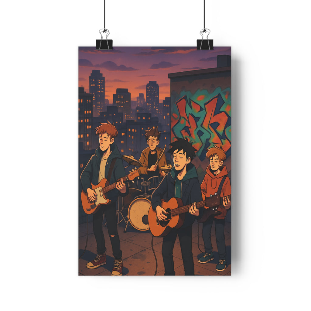 Poster décoratif dessin animé bleu orange urbain dynamique salon chambre moderne vibrant musique toit