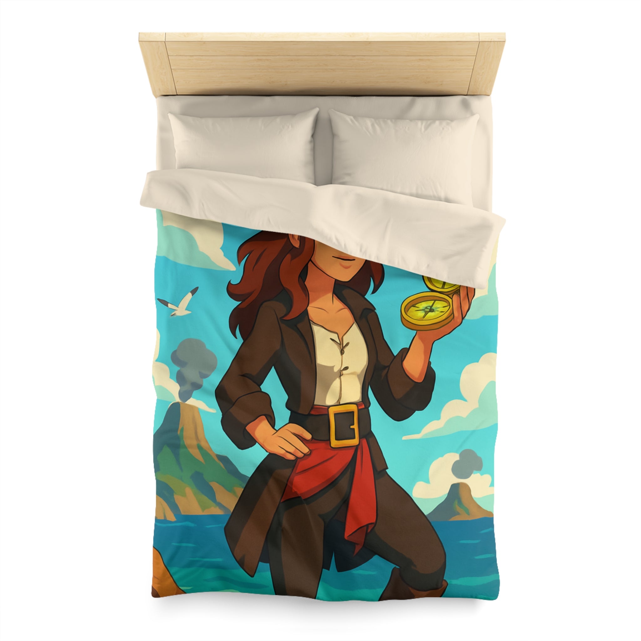 Housse de couette piraterie avec paysage maritime et aventurière avec boussole