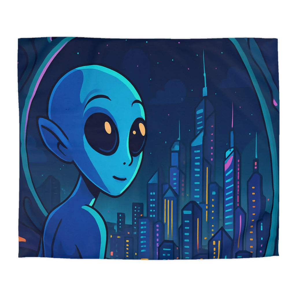 Housse de couette avec extraterrestre bleu contemplant métropole futuriste depuis vaisseau spatial