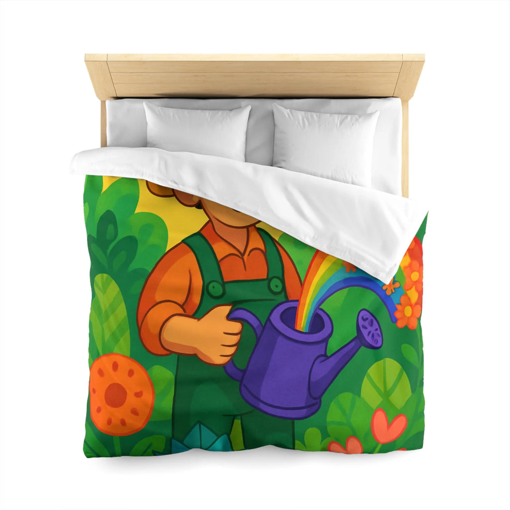 Housse de Couette Colorée avec Dessin Jardinier Arrosant des Fleurs et Arc-en-Ciel