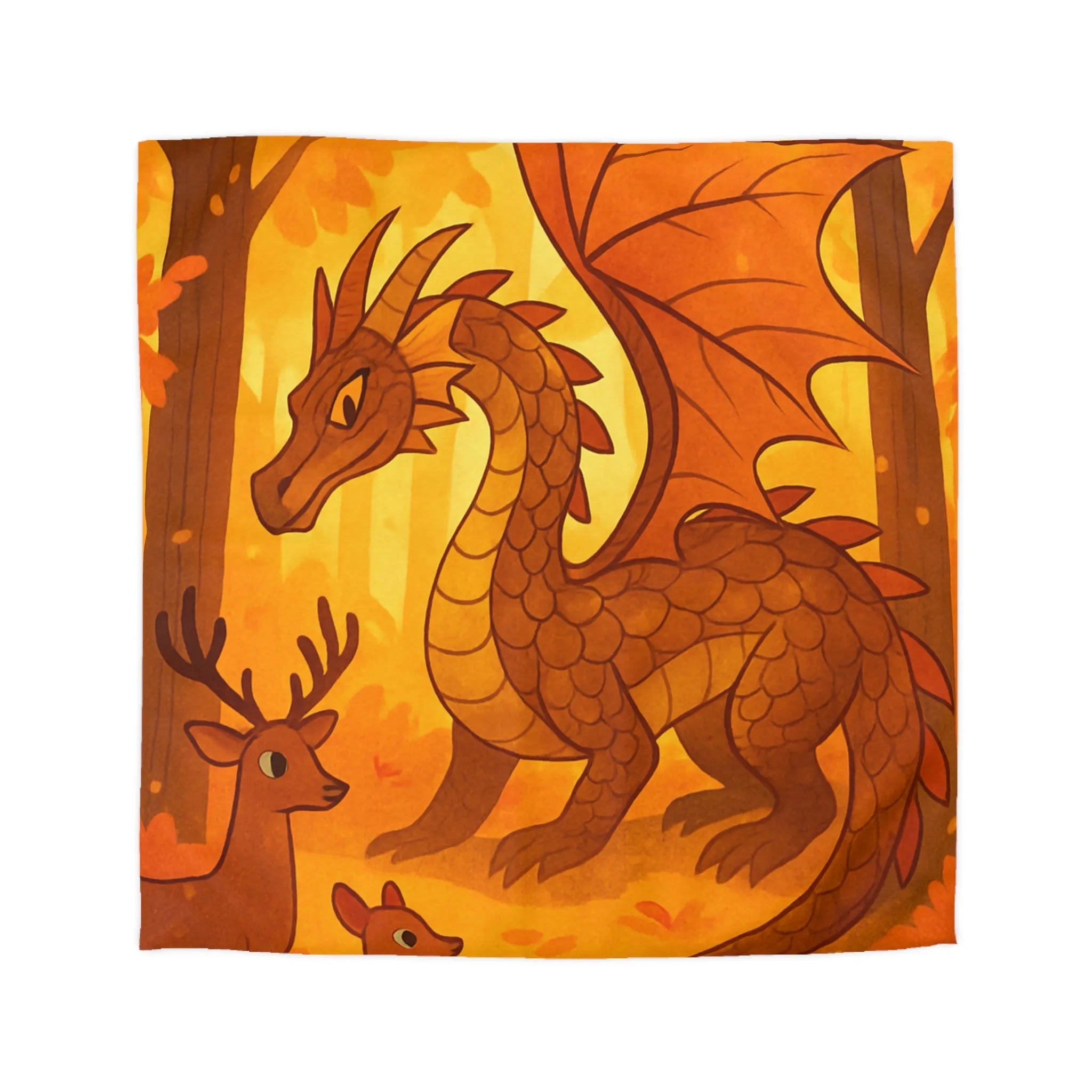 Housse de couette dragon feuille automne avec renards et cerfs en forêt magique