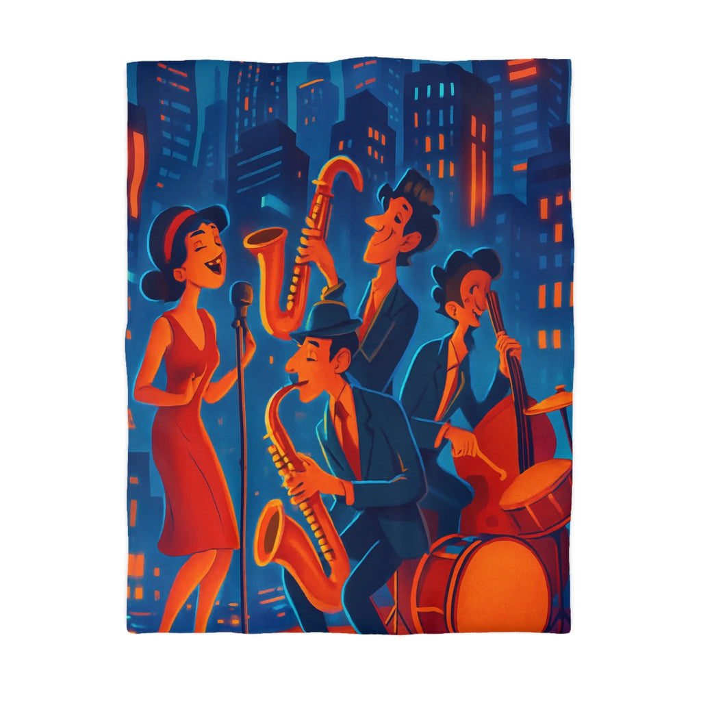 Housse de couette jazz rétro avec chanteuse et musiciens devant gratte-ciels éclairés