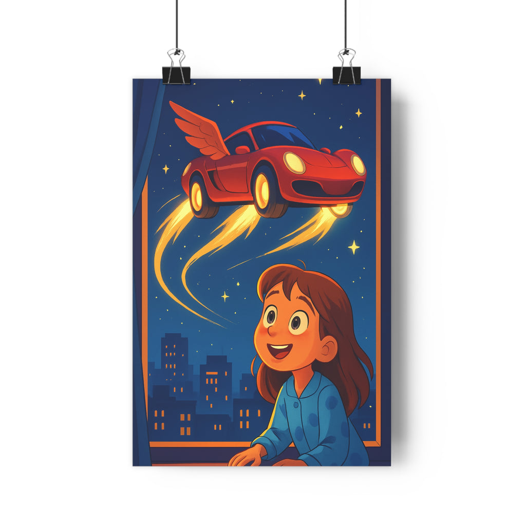 Poster décoratif rouge bleu enfant aventure onirique magique chambre art mural fantastique créativité inspiration