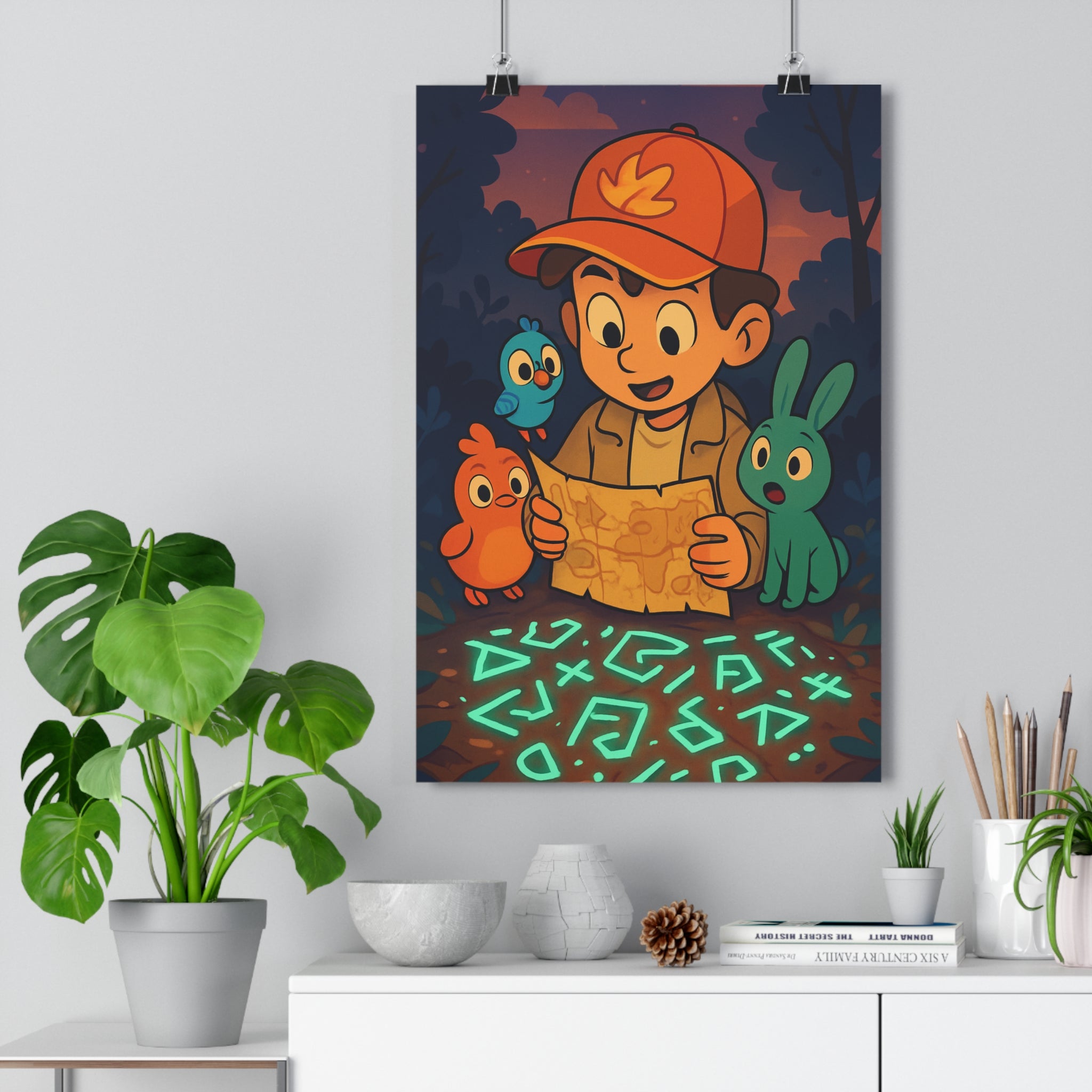 Poster décoratif aventure dessin animé orange bleu vert chambre enfant créatures mystique joyeux exploration