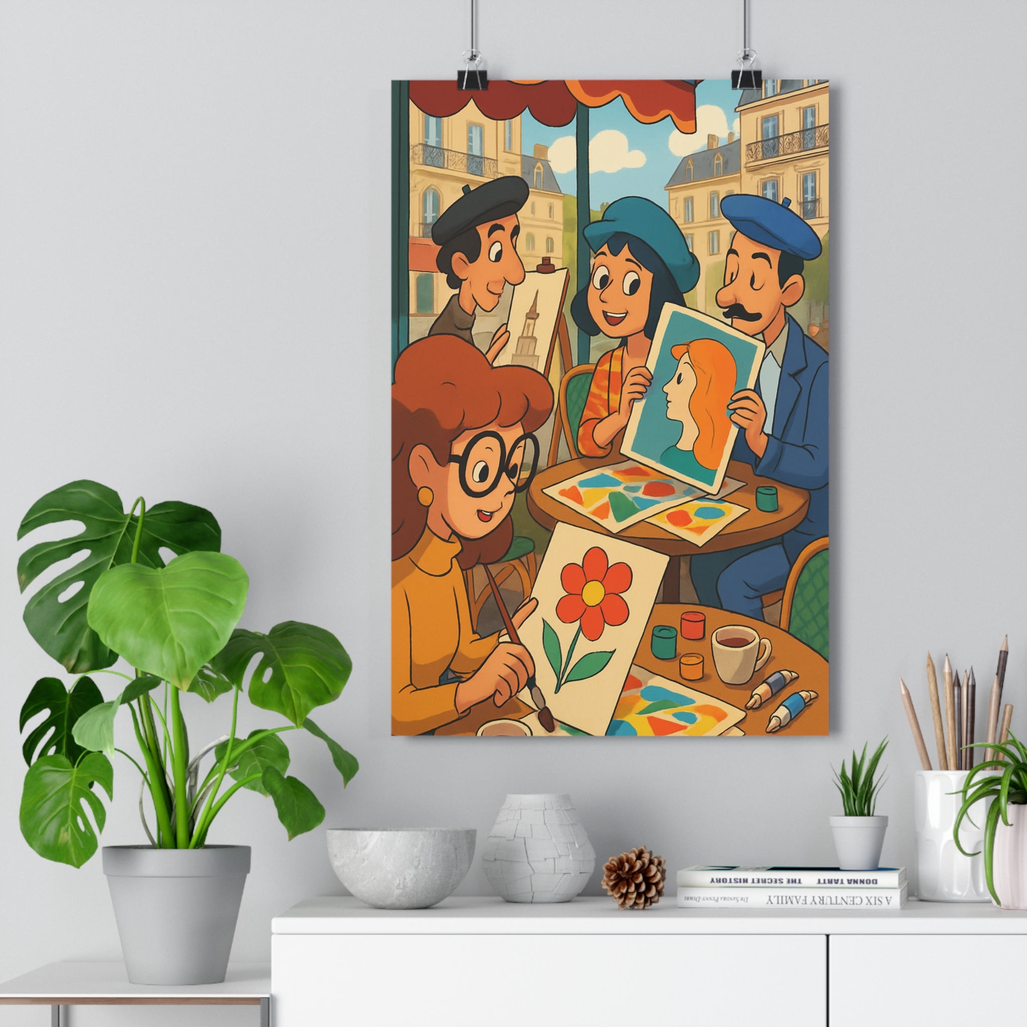 Poster décoratif cartoon bohème rouge bleu jaune café parisien créatif salon bureau artistique ambiance