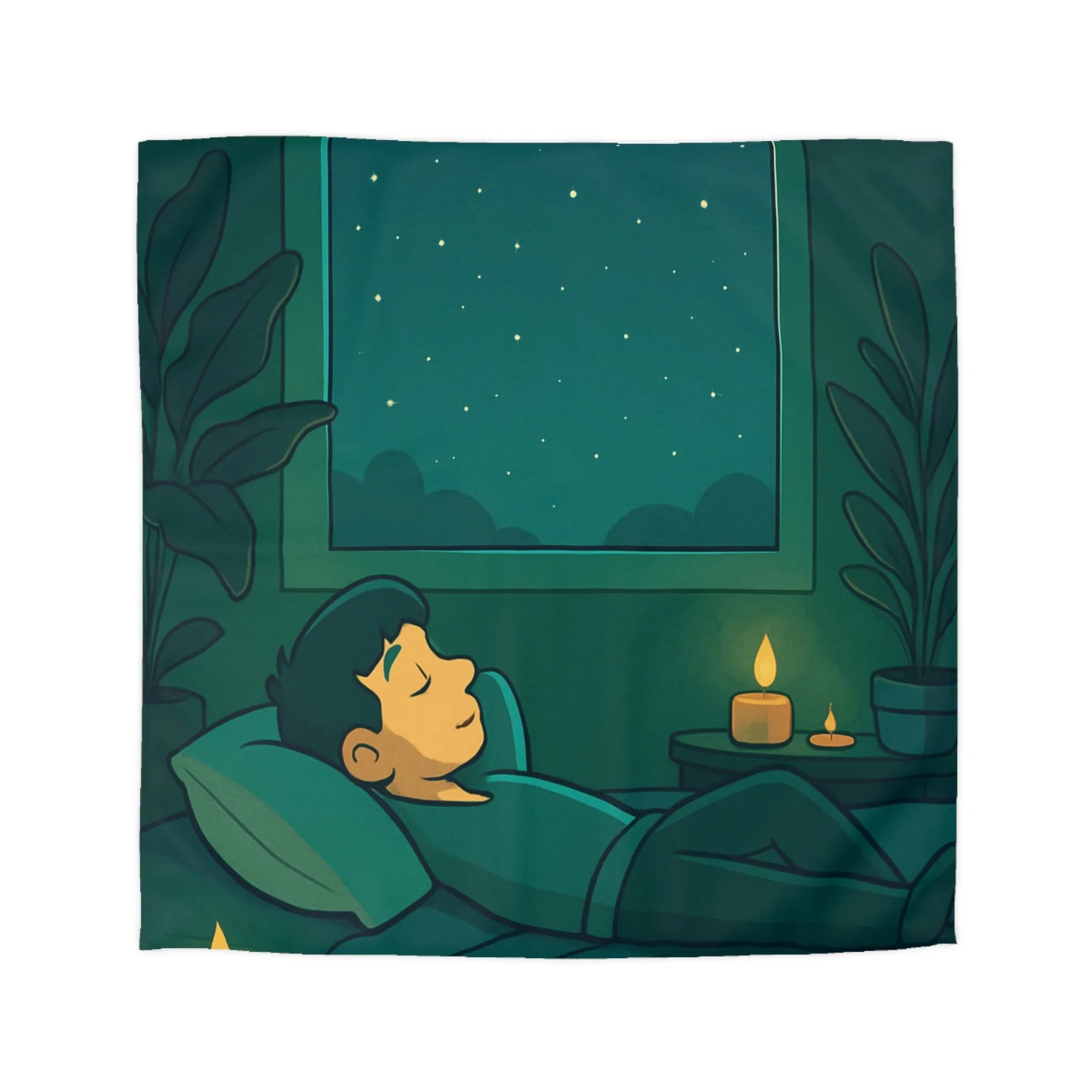 Housse de Couette Apaisante Nuit Étoilée Lune et Plantes Décoratives Ambiance Zen Chambre