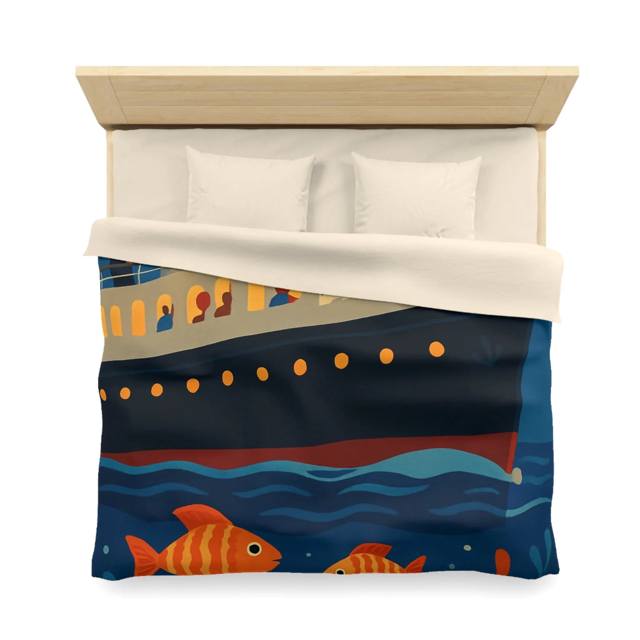 Housse de couette bateau rétro, poissons colorés, ambiance marine, nuit étoilée