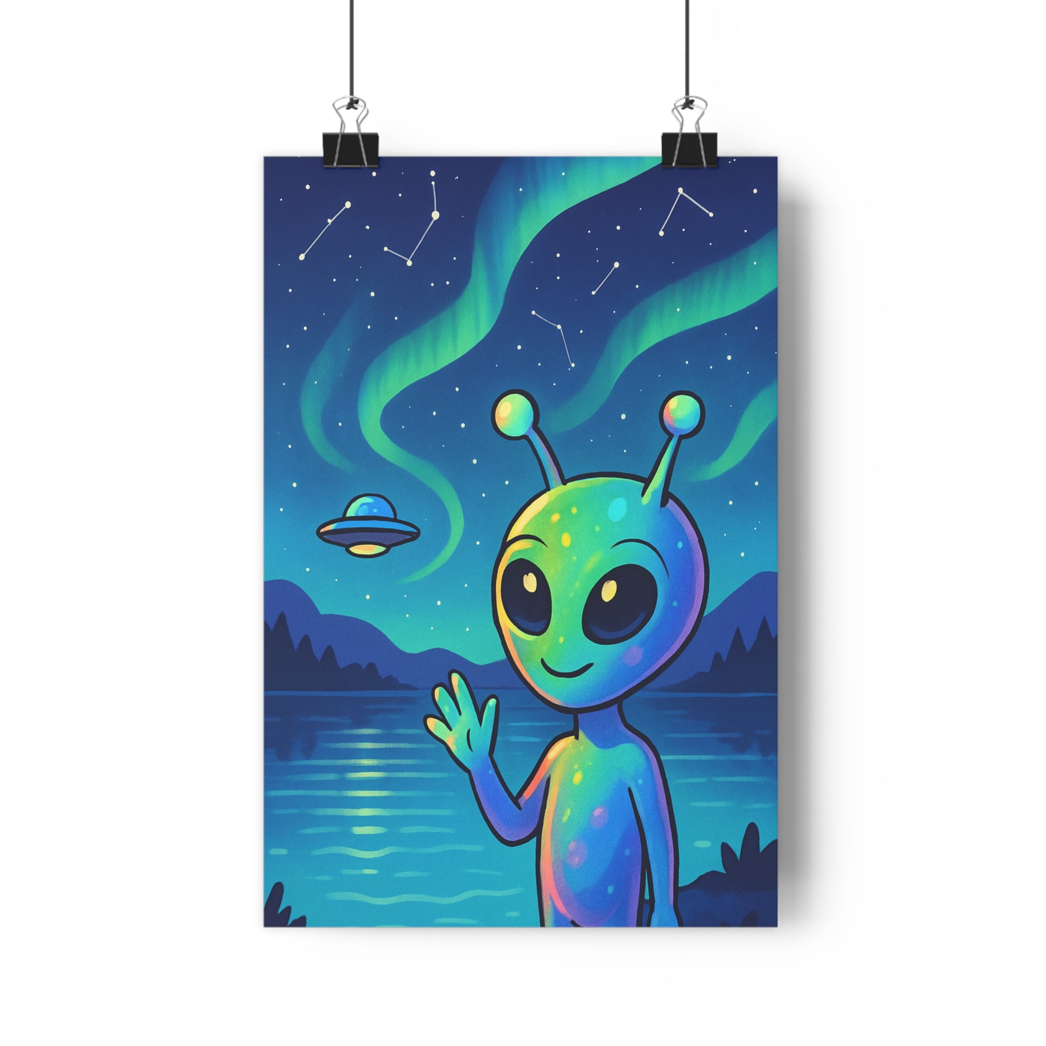 Poster décoratif cartoon bleu vert mystique chambre espace alien ciel étoilé serein moderne qualité