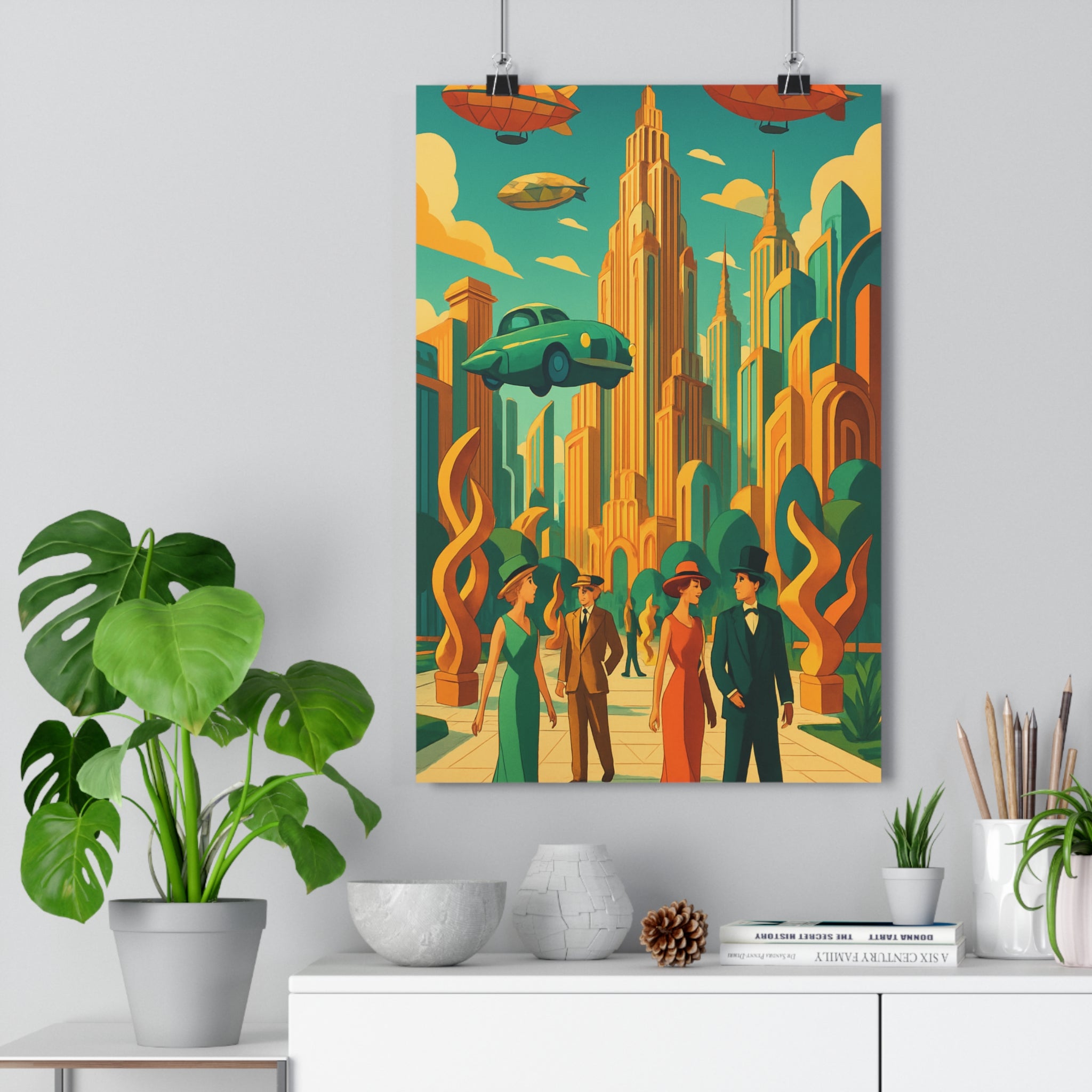Poster décoratif futuriste art déco urbain jaune orange salon moderne élégant rétro tendance vintage