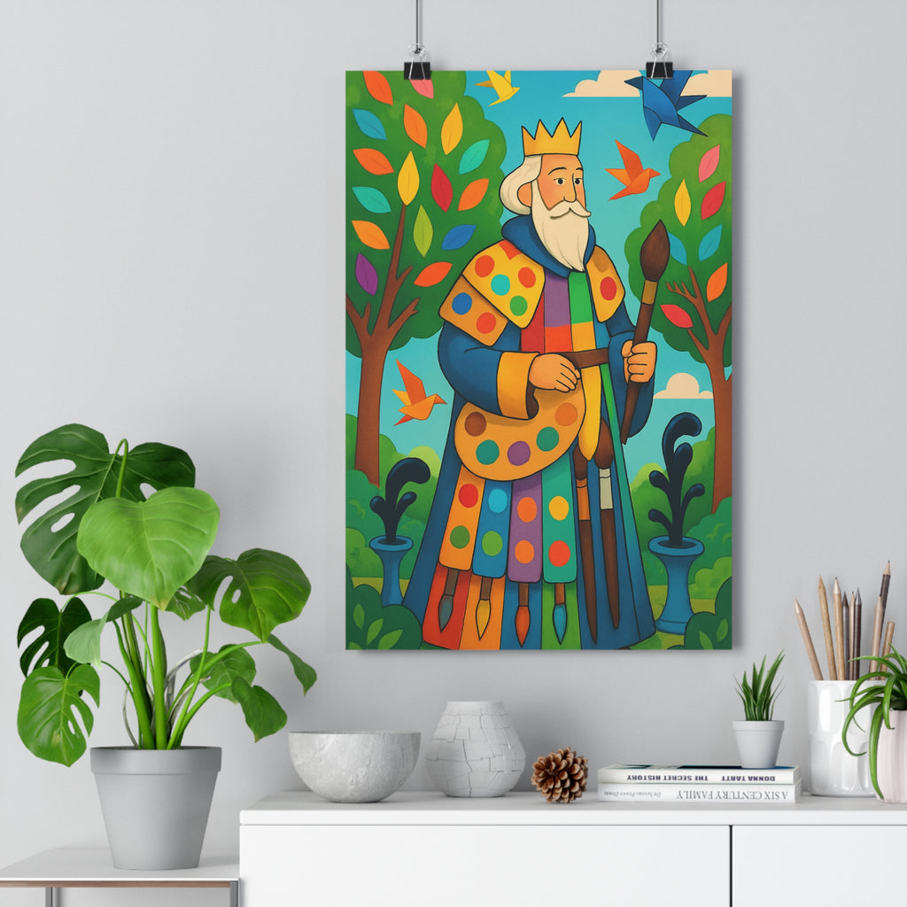 Poster décoratif artistique bleu vert joyeux illustration fantaisie salon chambre royal couronne pinceau végétation