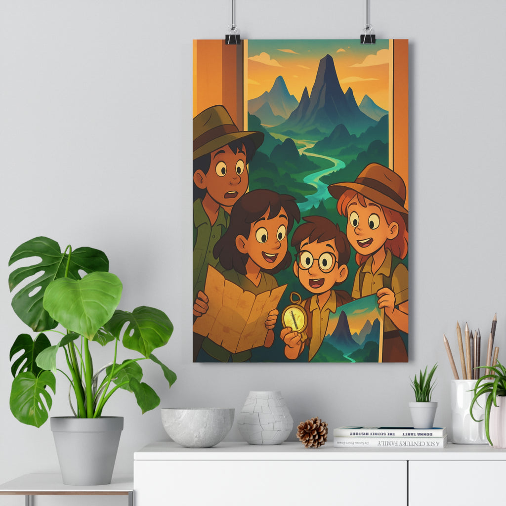 Poster décoratif cartoon aventuriers dynamique coloré joyeux enfant chambre exploration montagne paysage 30x46 cm