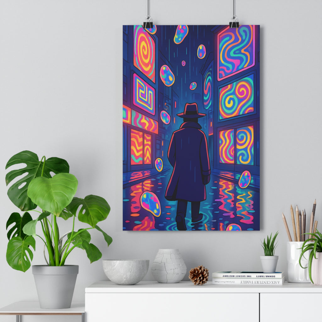 Poster décoratif urbain art psychédélique néon moderne salon chambre ambiance mystérieuse silhouette colorée qualité