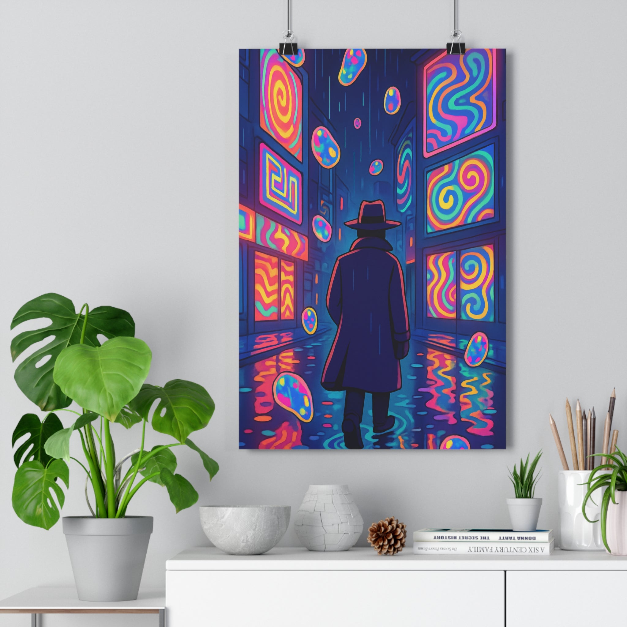 Poster décoratif urbain art psychédélique néon moderne salon chambre ambiance mystérieuse silhouette colorée qualité