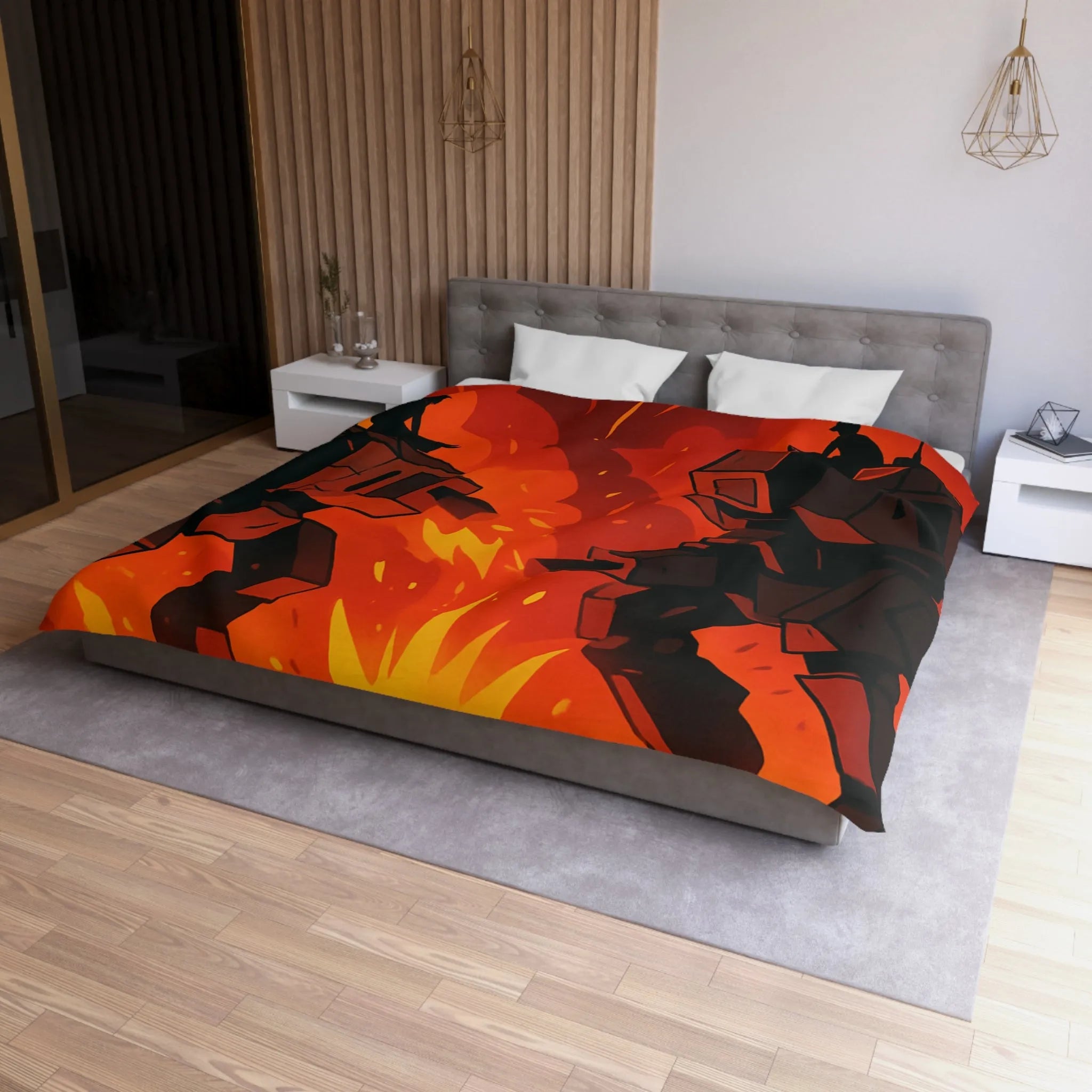 Housse de couette avec robots géants dans un duel épique sous ciel enflammé