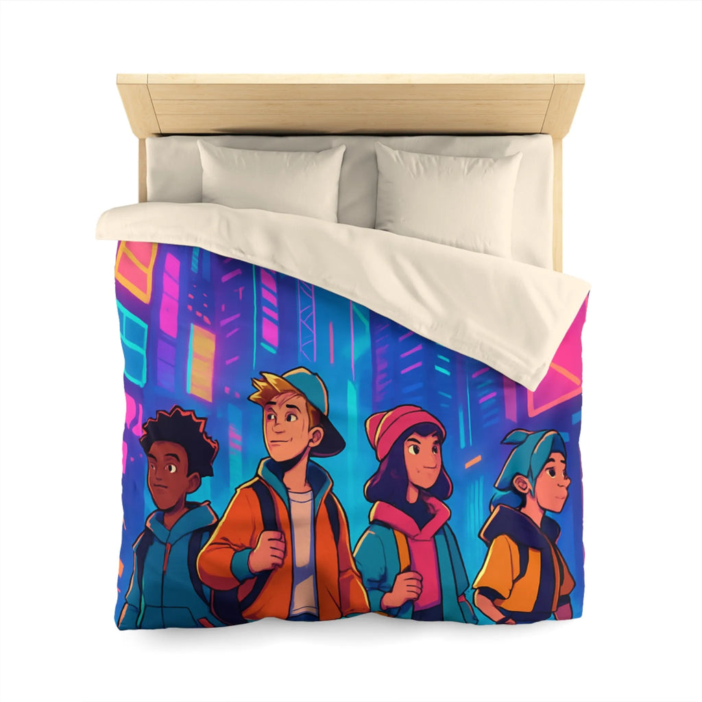 Couette Futuriste Enfants Explorateurs Style Rétro-Cyberpunk avec Néons Colorés pour Chambre Moderne