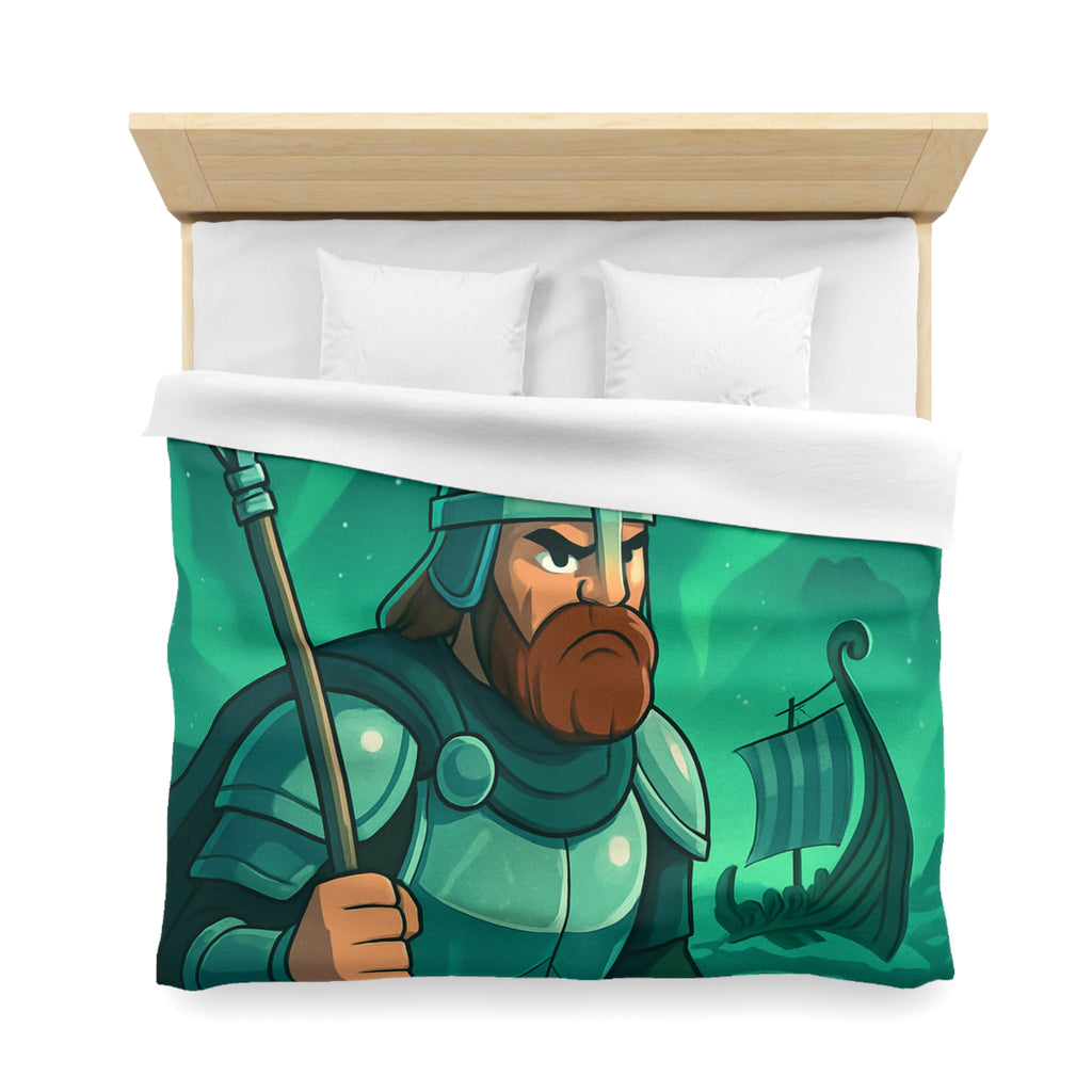 Housse de Couette Viking Vert Émeraude avec Guerrier et Aurores Boréales pour Chambre