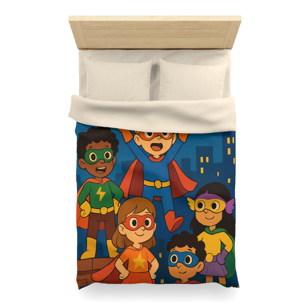 Super-héros Enfants Volant Nuit Ciel Étoilé Ville Amis Confiants Housse de Couette Colorée
