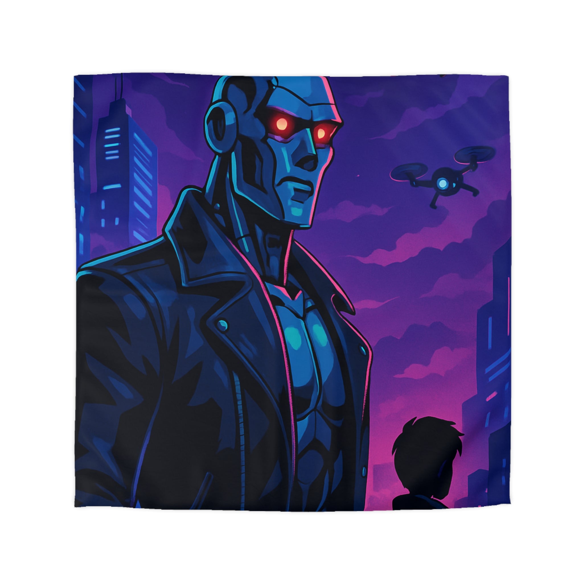 Housse de couette style néon avec robot futuriste et drones en ville de nuit