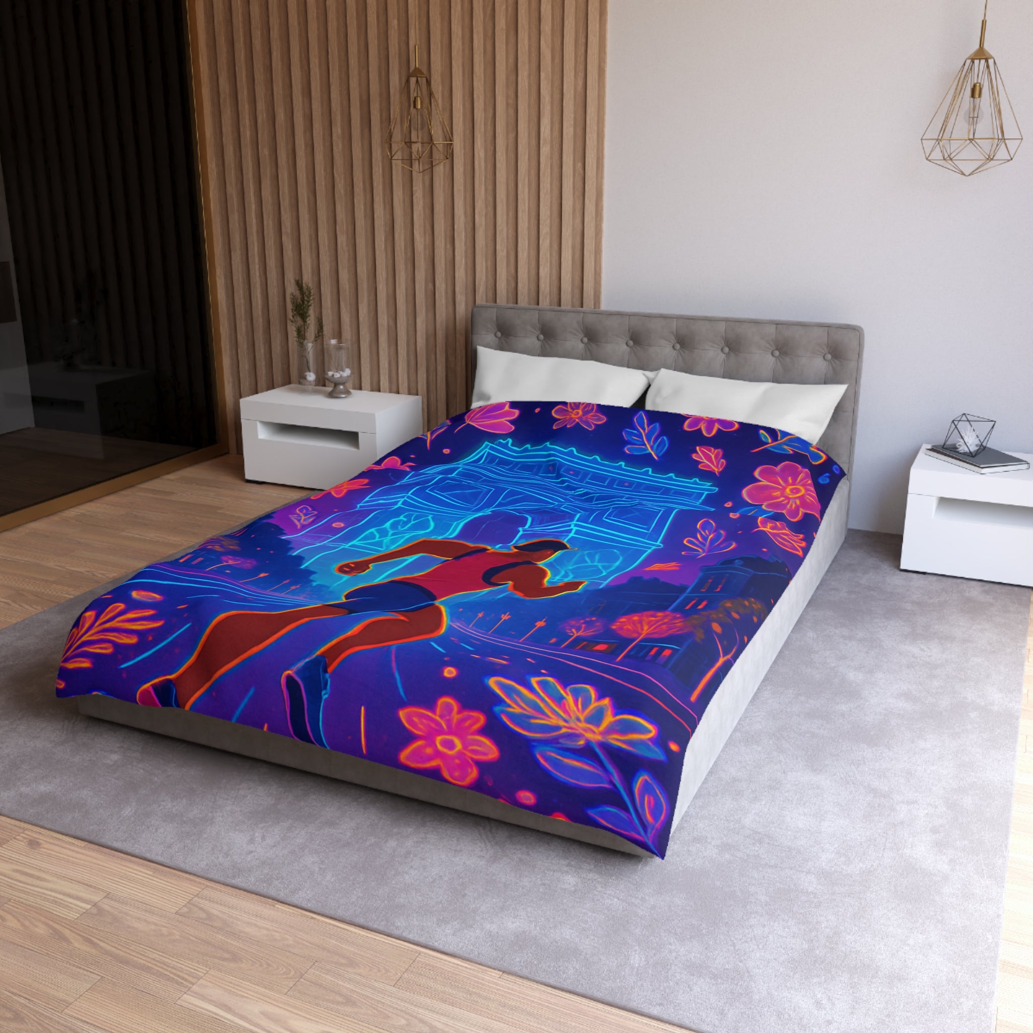 Housse de Couette Vibrante : Coureur Devant Monuments et Fleurs Scintillantes de Paris