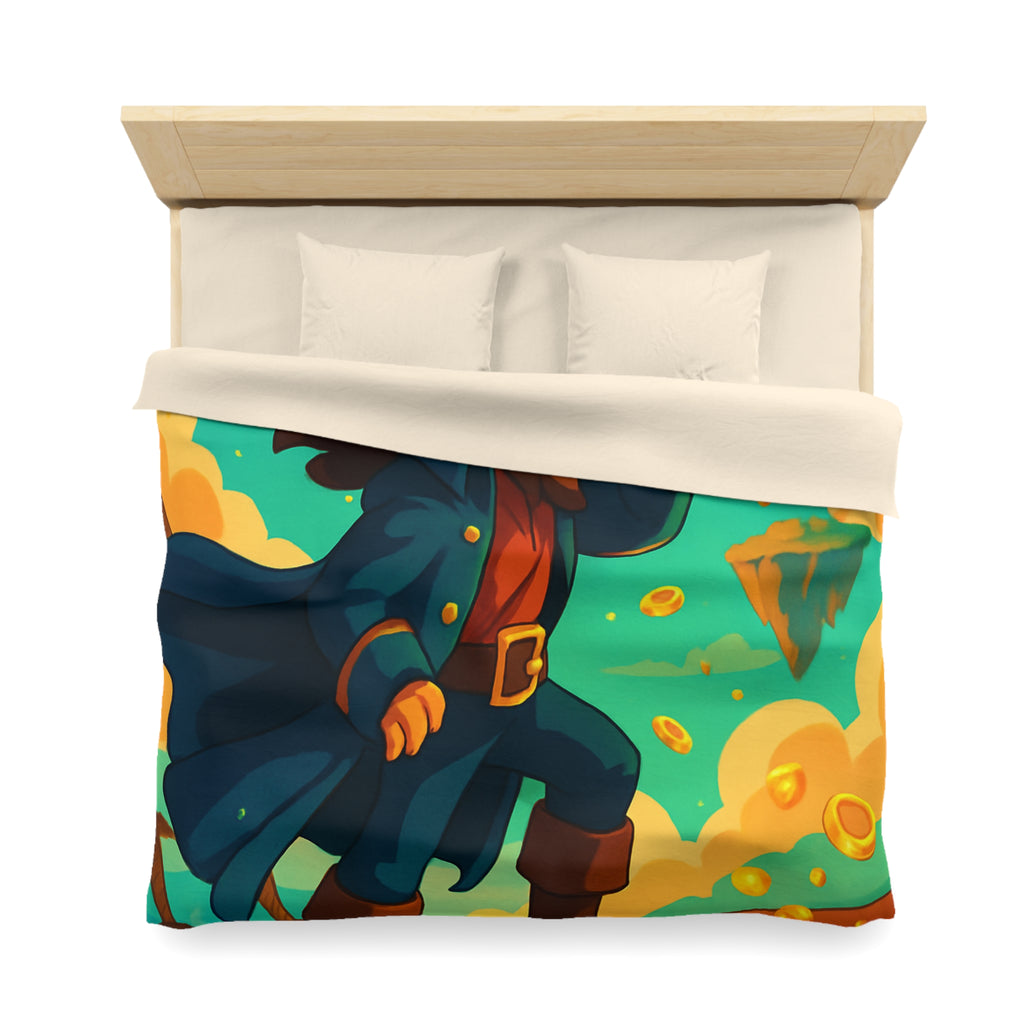 Housse de couette pirate vibrant bleu avec trésor doré et nuages flottants