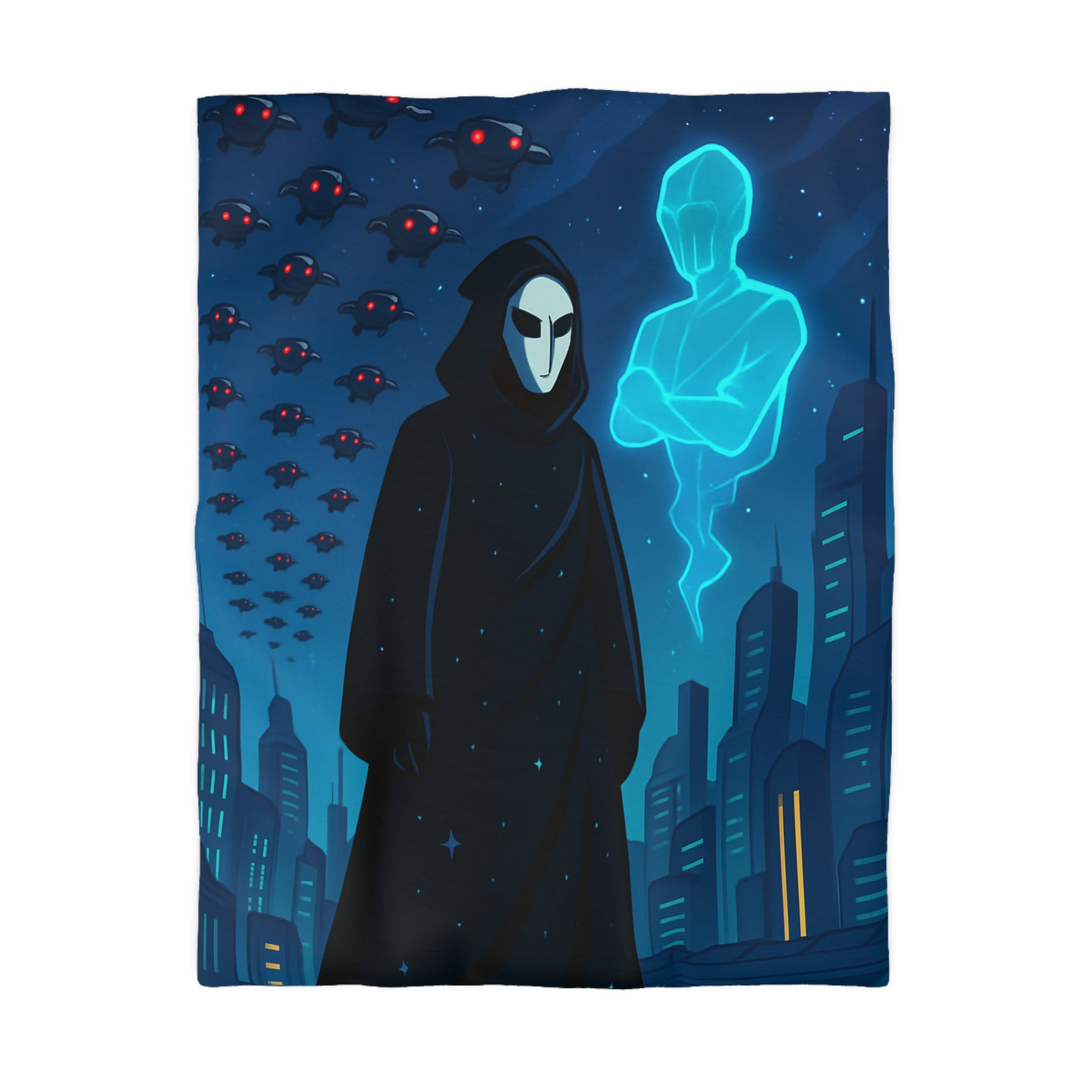 Housse de couette spatiale avec figure masquée et paysage urbain futuriste
