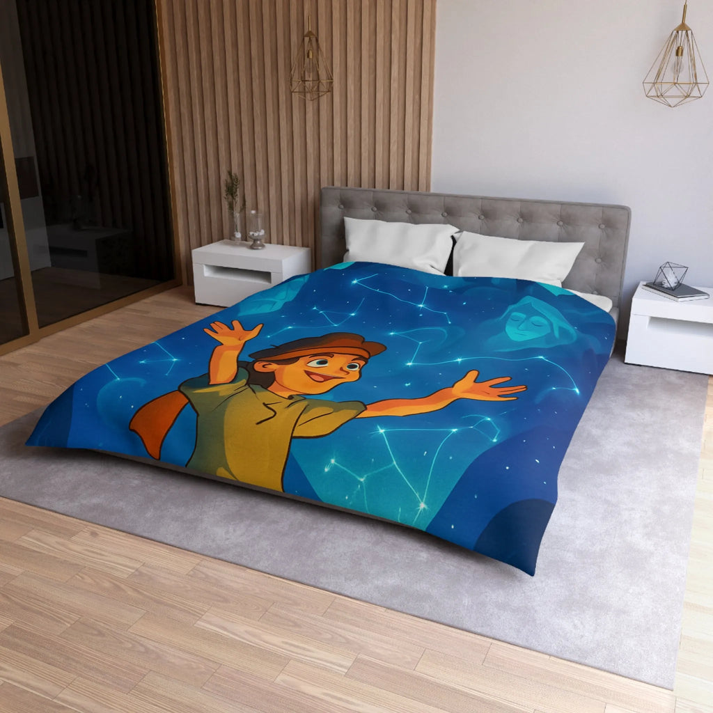 Housse de couette illustrée nocturne avec enfant, robot et constellations célestes inspirantes