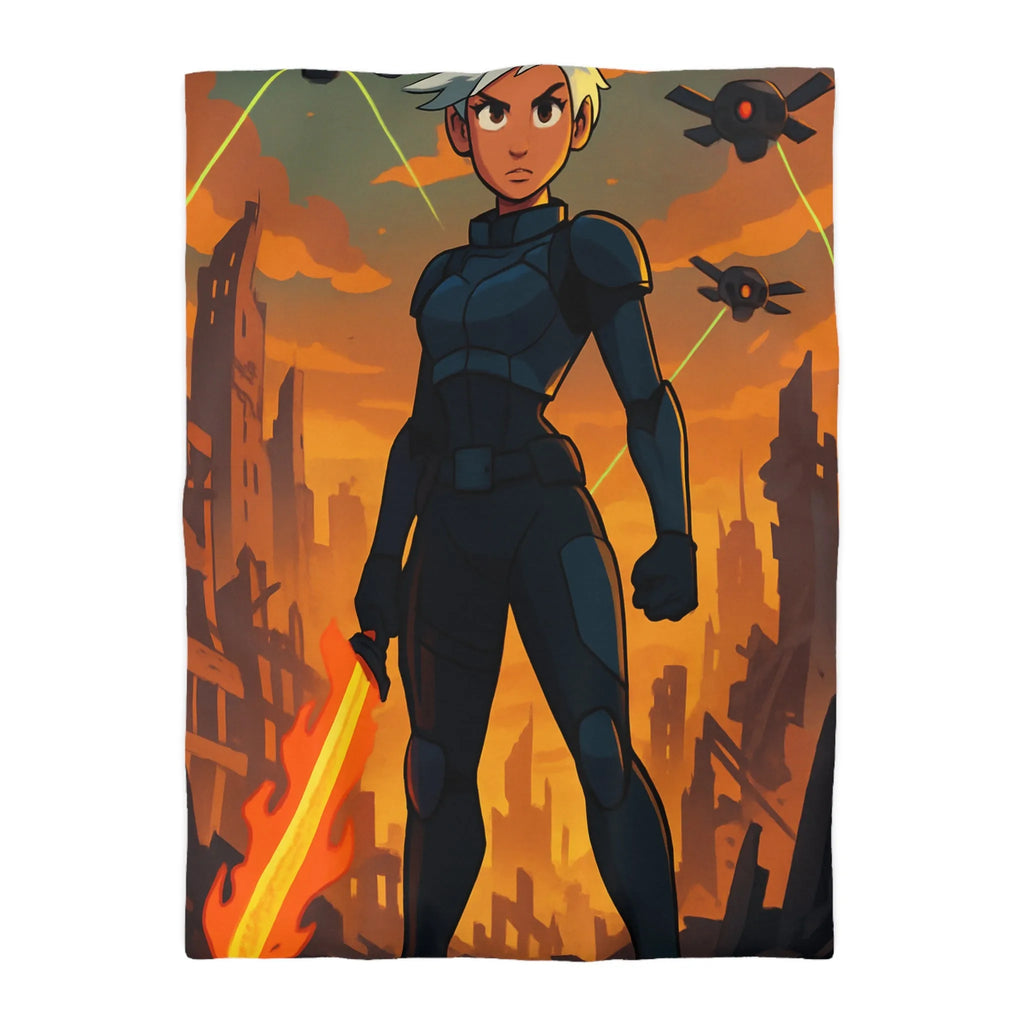 Housse de couette héroïque avec guerrier futuriste, drones volants et paysage apocalyptique