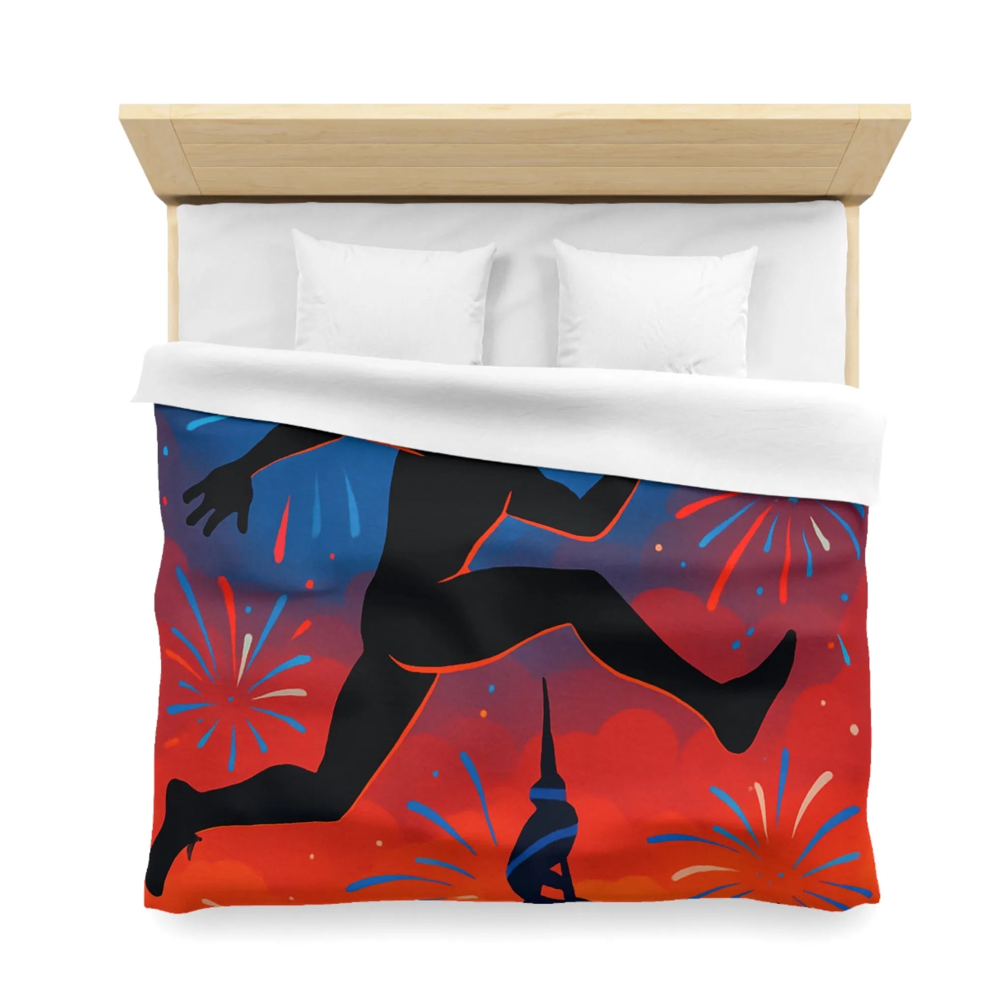 Housse de couette avec silhouette sportive et feux d'artifice, ambiance nocturne colorée
