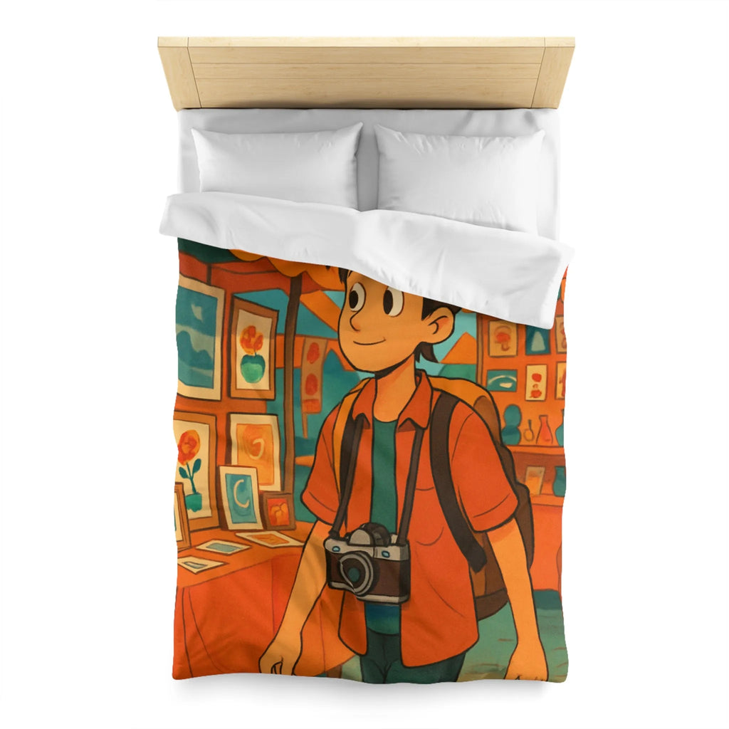 Housse de couette animée avec jeune explorateur et marché aux lanternes colorées