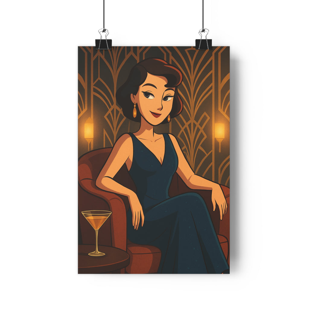 Poster décoratif femme art déco bleu foncé glamour salon chic rétro élégant géométrique sophistiqué