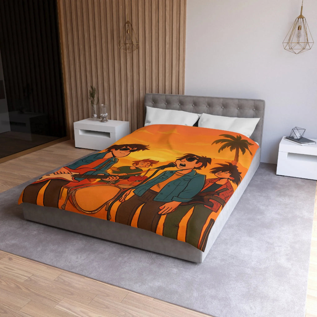 Housse de couette ensoleillée avec musiciens, ambiance rétro pour chambres modernes et vintage