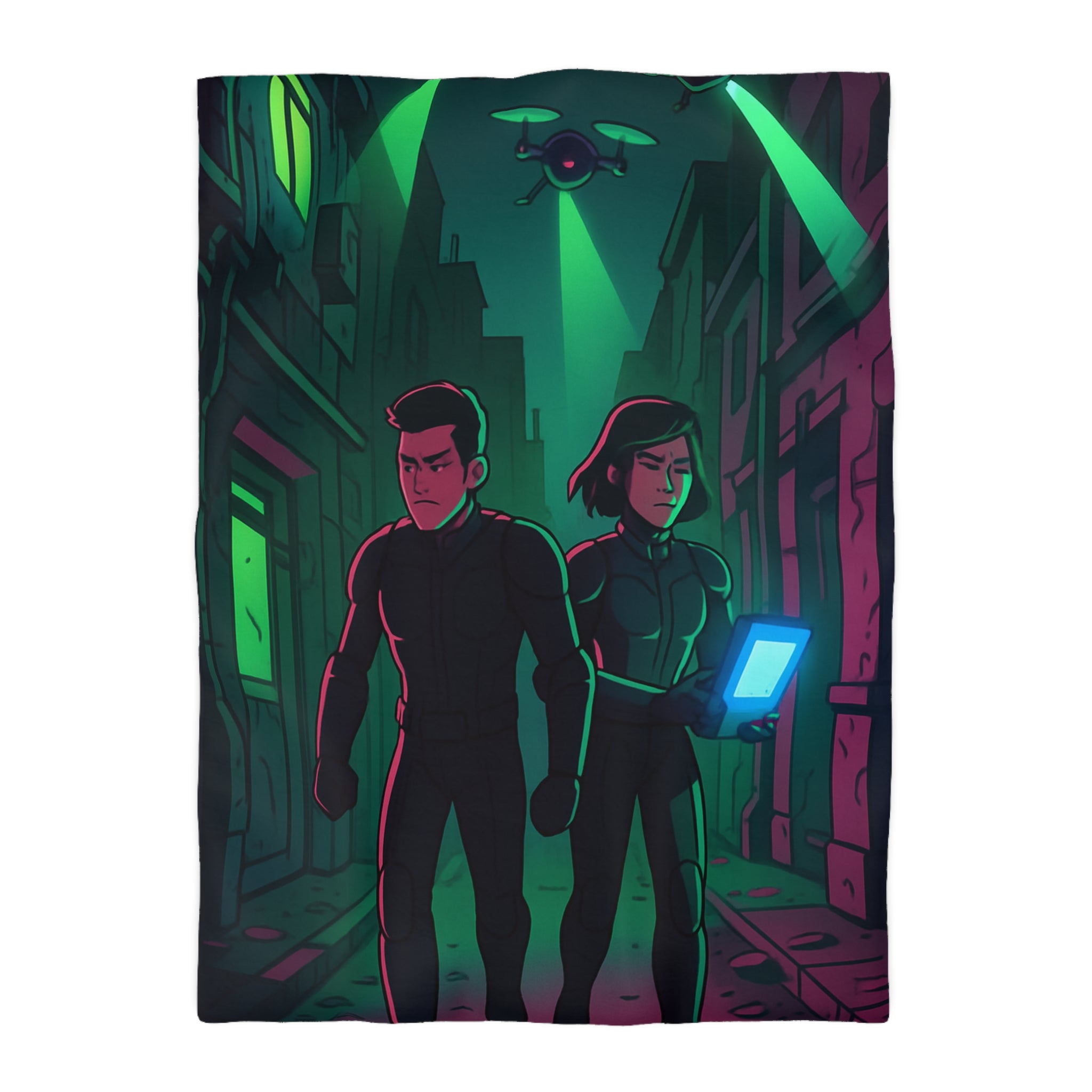 Housse de couette motif espionnage futuriste avec drones dans une ruelle mystérieuse