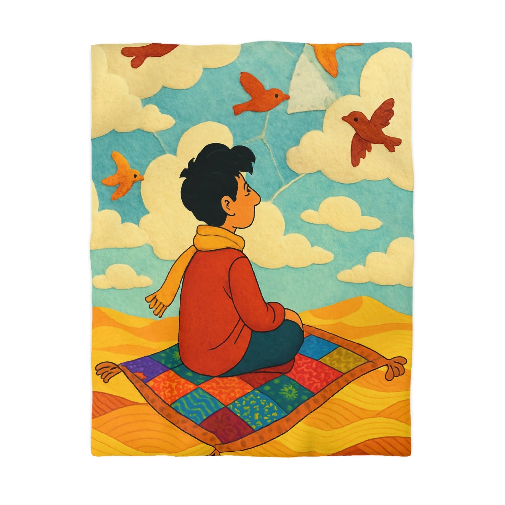 Housse de couette magique avec tapis volant et oiseaux colorés dans le ciel