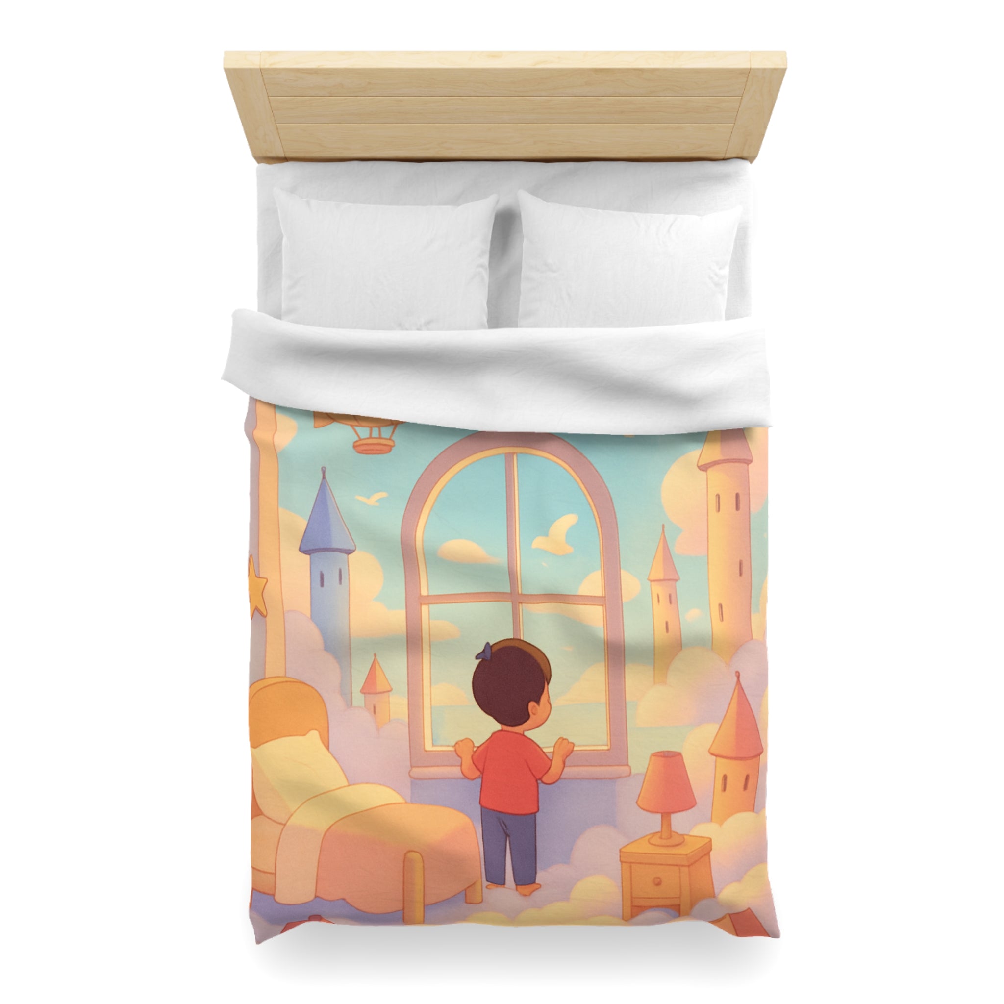 Housse de couette rêveuse enfantine avec nuages, dirigeables et oiseaux volants paisibles