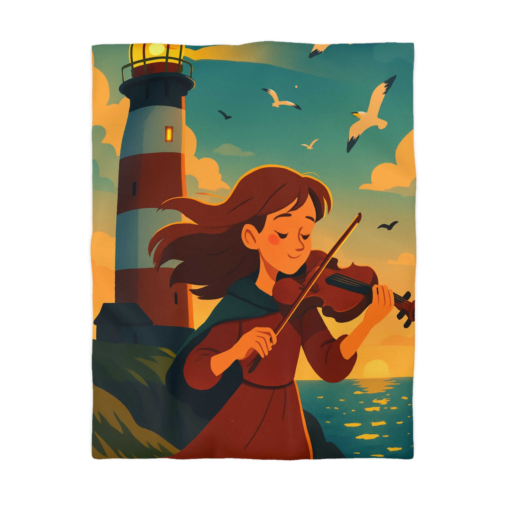 Housse de Couette Unique avec Fille Jouant du Violon Devant un Phare au Crépuscule