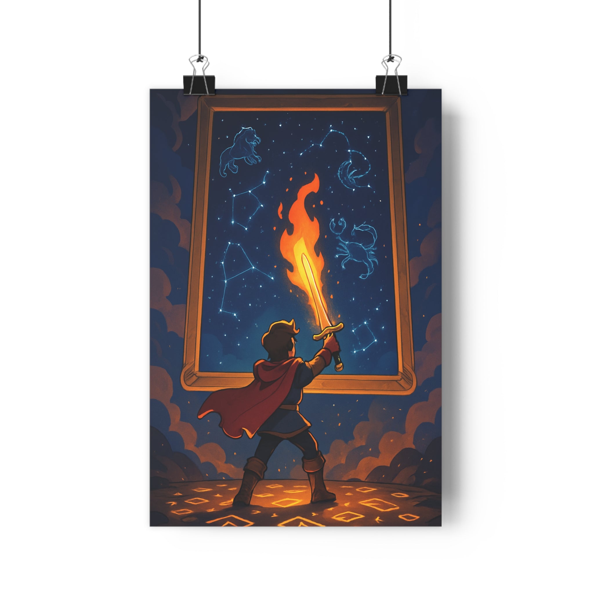 Poster décoratif épique rouge bleu aventure chambre enfant animation artistique magique épée céleste constellation