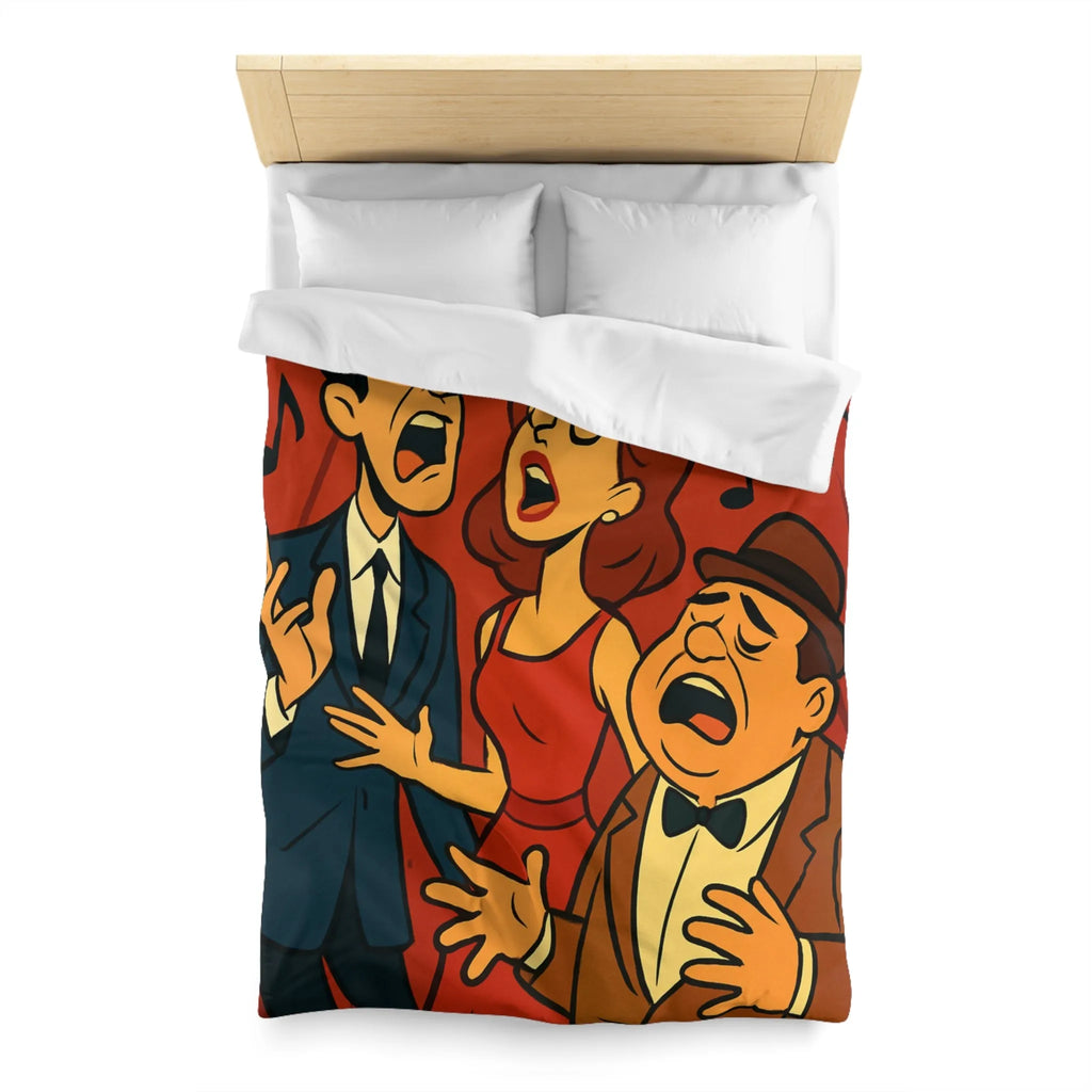 Ensemble vocal vintage animé exubérant, scène musicale rétro avec fond rouge et notes