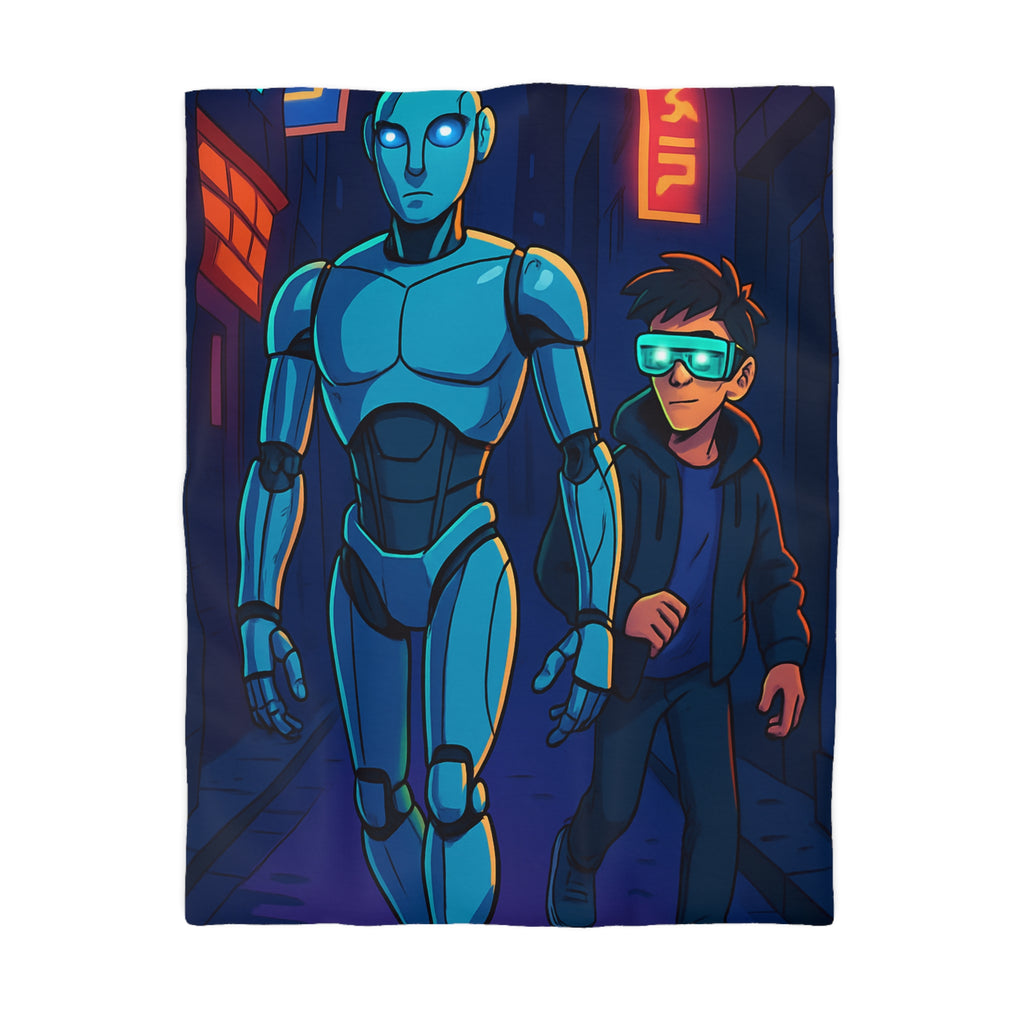 Housse de couette moderne avec illustration néon de robot et jeune avec lunettes lumineuses