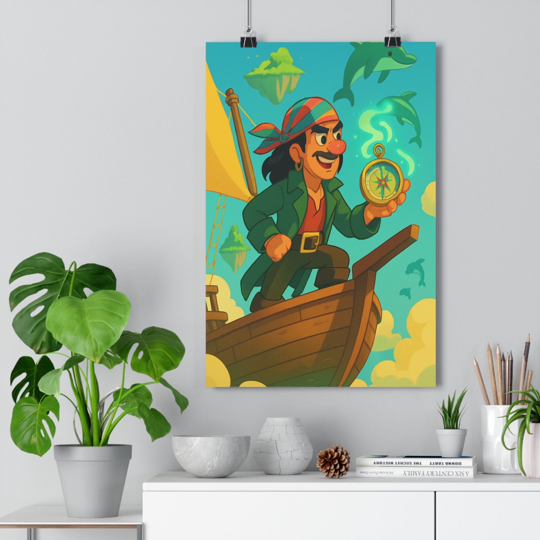 Poster décoratif aventure animé ciel bleu joyeux enfant chambre pirate navire fantastique boussole dauphins