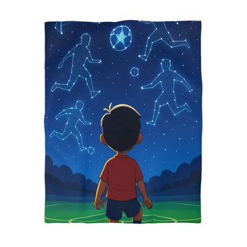 Housse de couette étoilée avec enfant rêvant de football sous ciel constellé