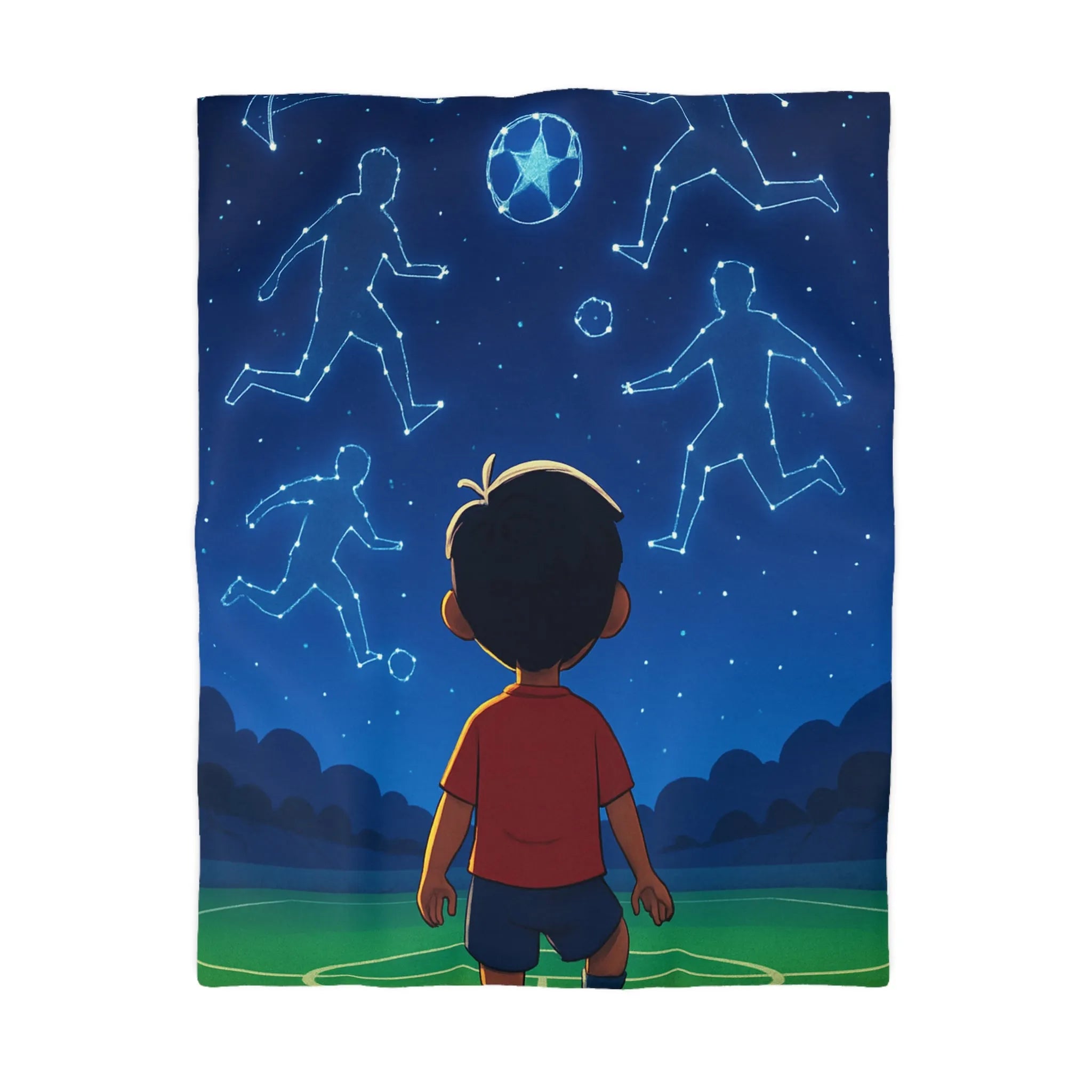 Housse de couette étoilée avec enfant rêvant de football sous ciel constellé
