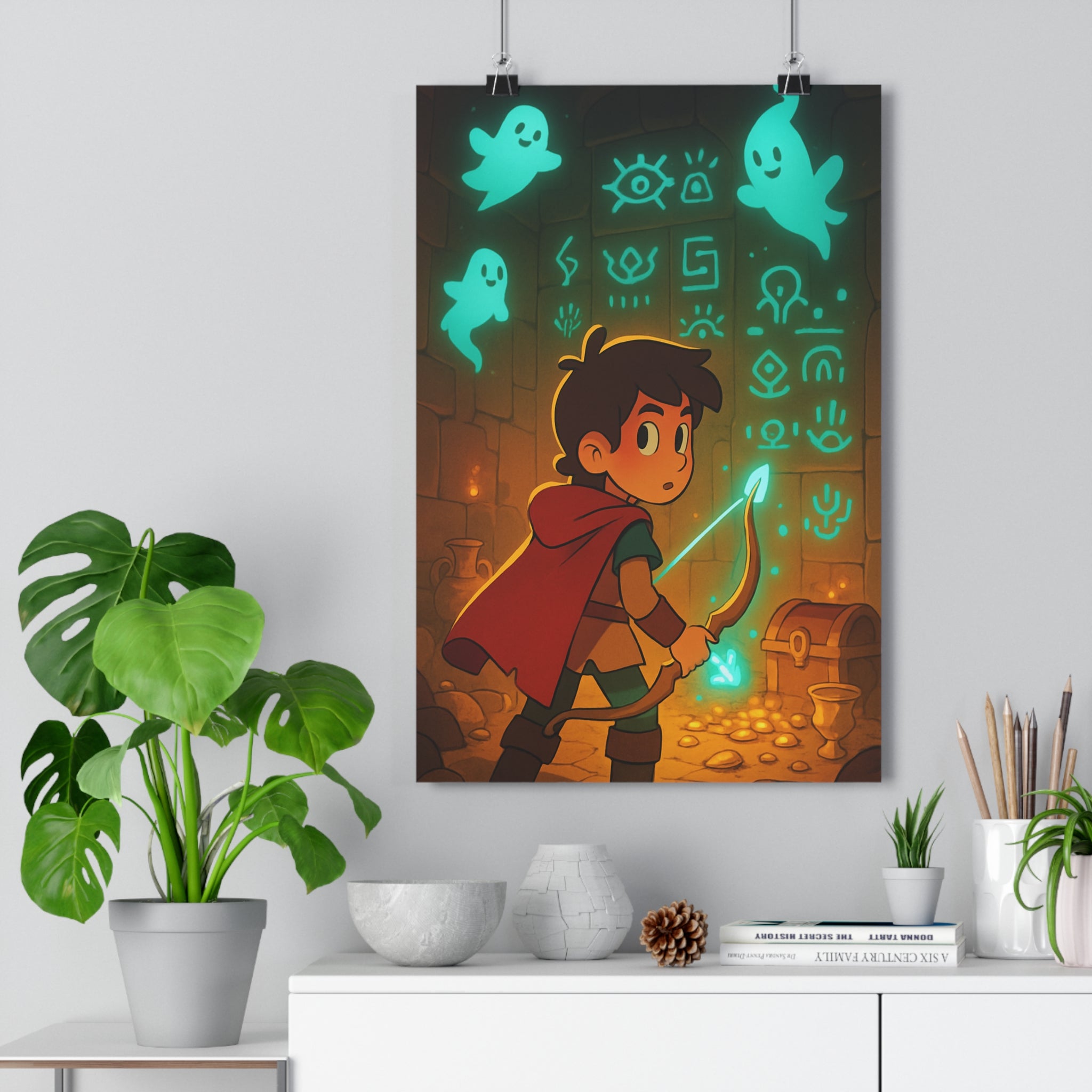 Poster décoratif aventurier mystique rouge bleuvert animé donjon chambre salon enfant illustration fantôme qualité