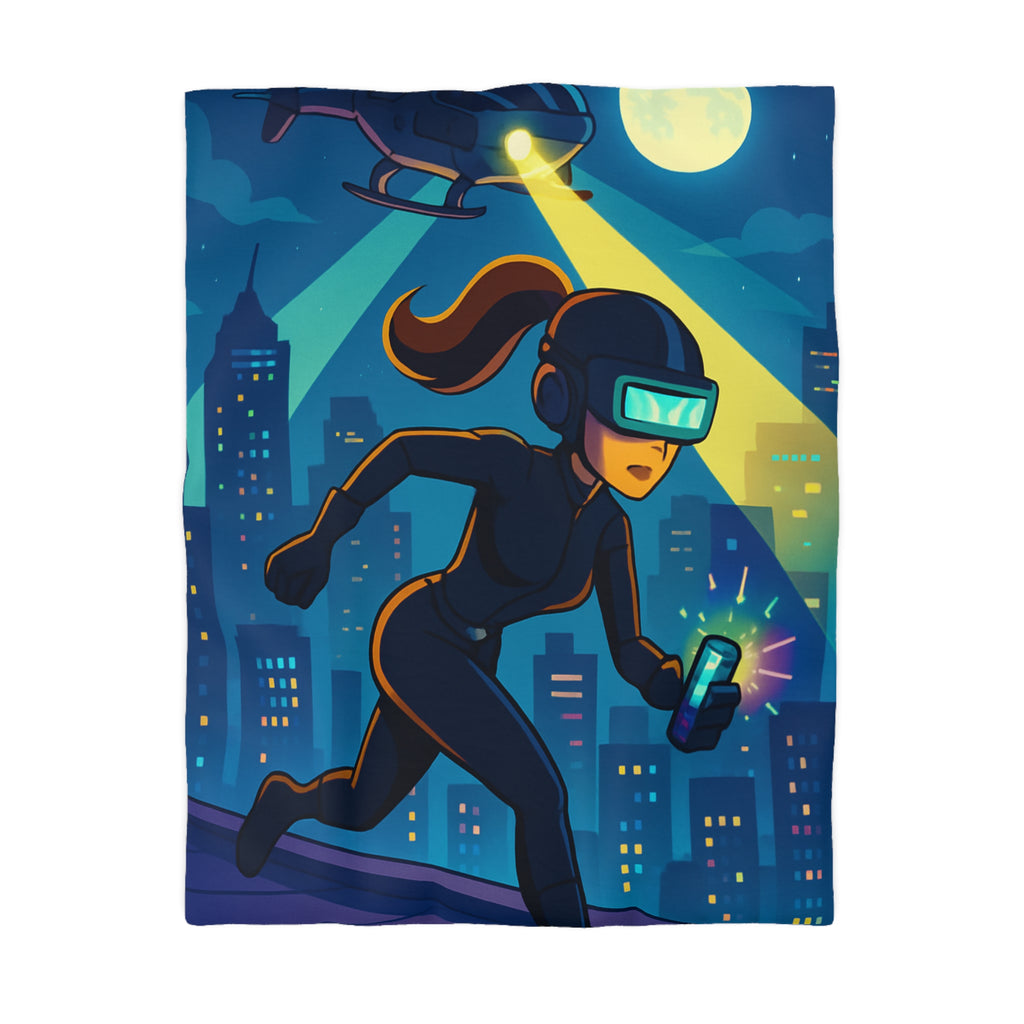 Housse de couette moderne avec motif de ville et personnage futuriste en action