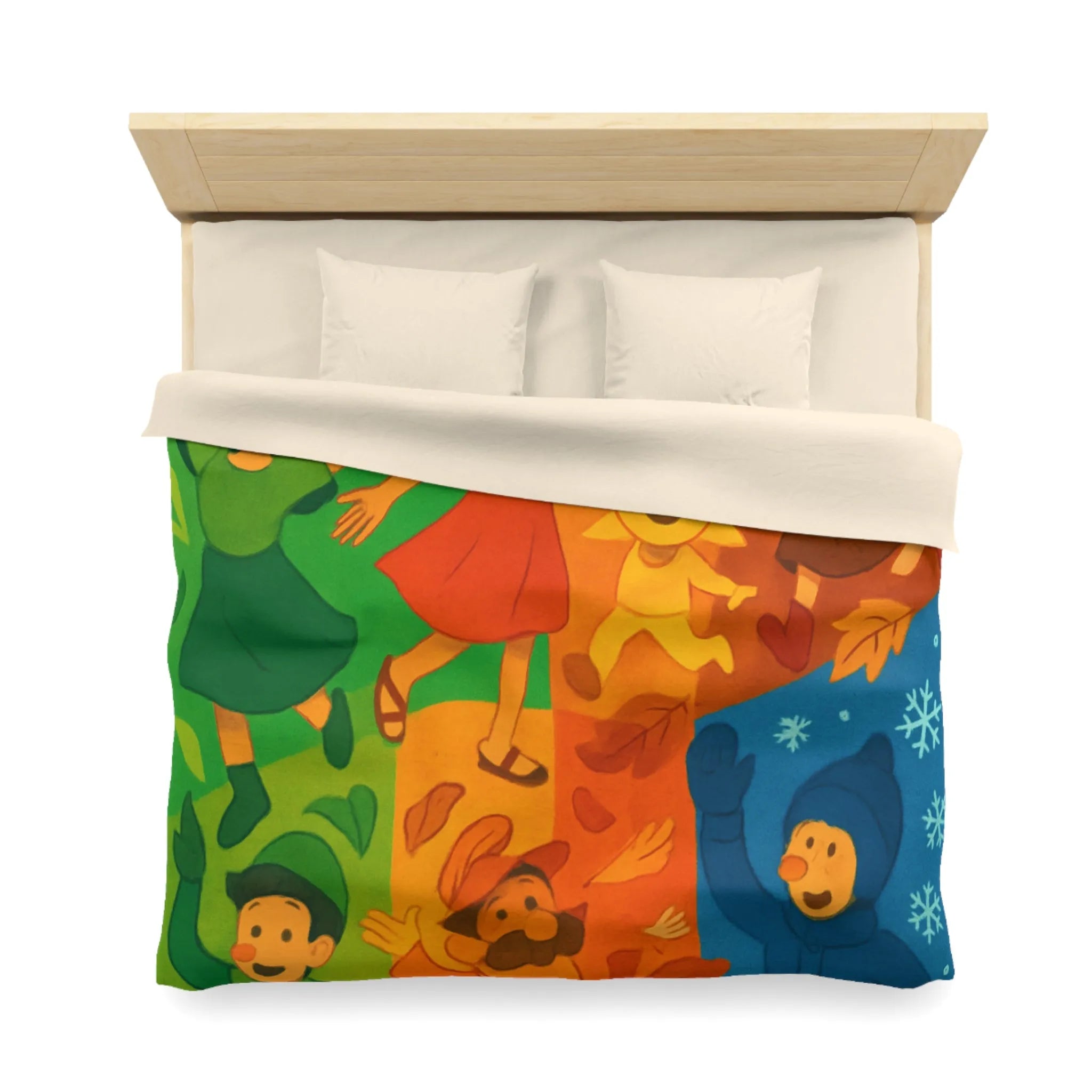 Housse de couette colorée illustrant les quatre saisons avec personnages joyeux et motifs vibrants